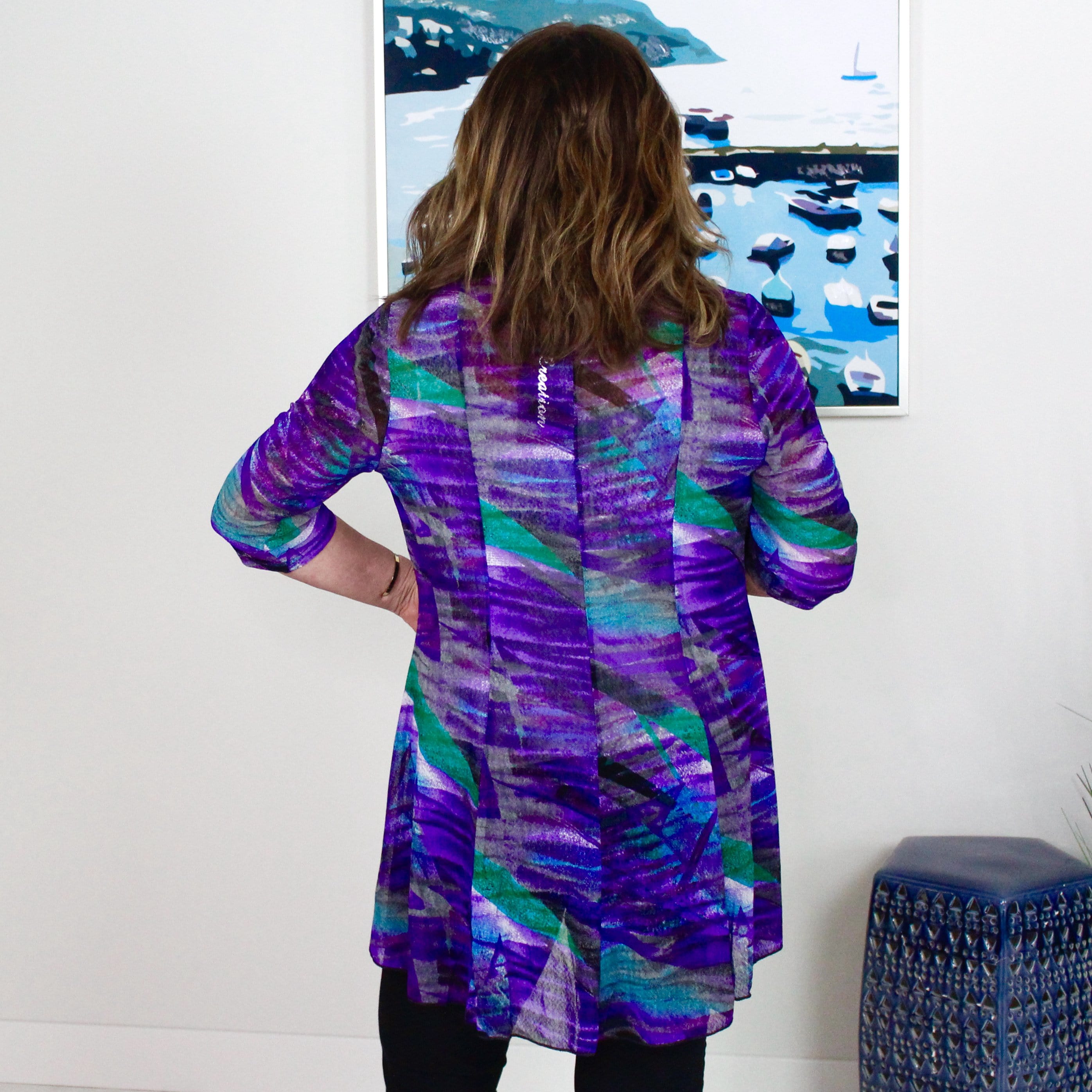 Purple Green Printed Mesh Cardigan
