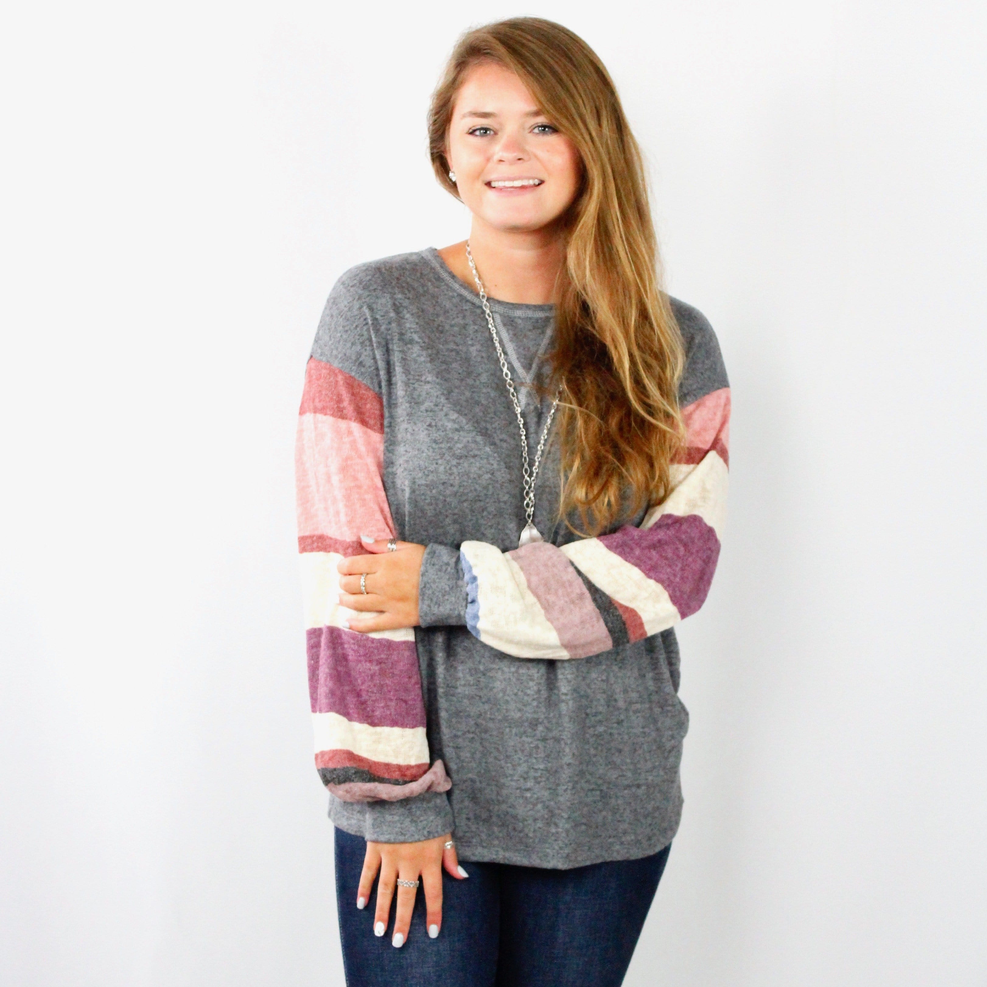 Brushed Striped Balloon Sleeve Top