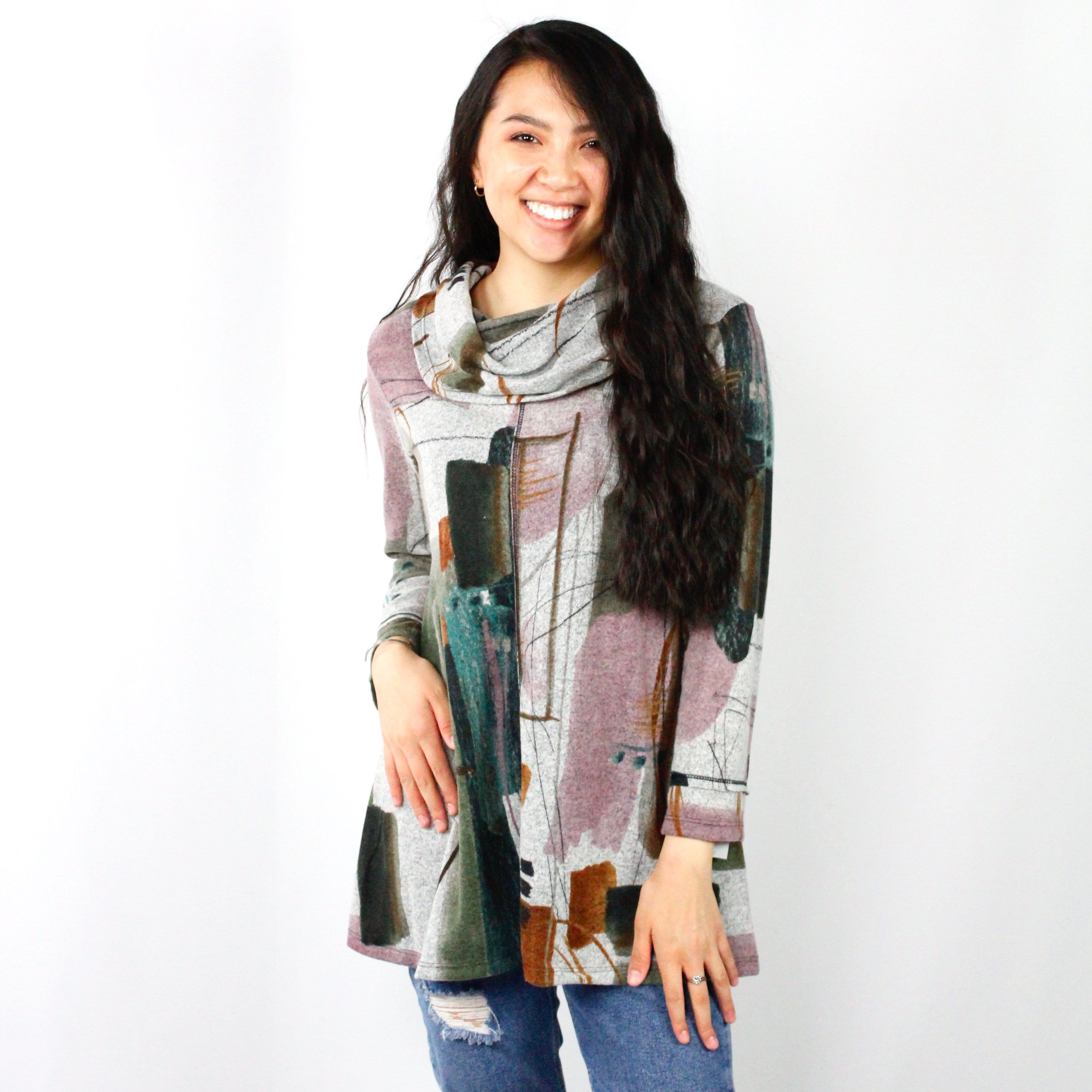 Emerald Brush Cowl Neck Tunic Top