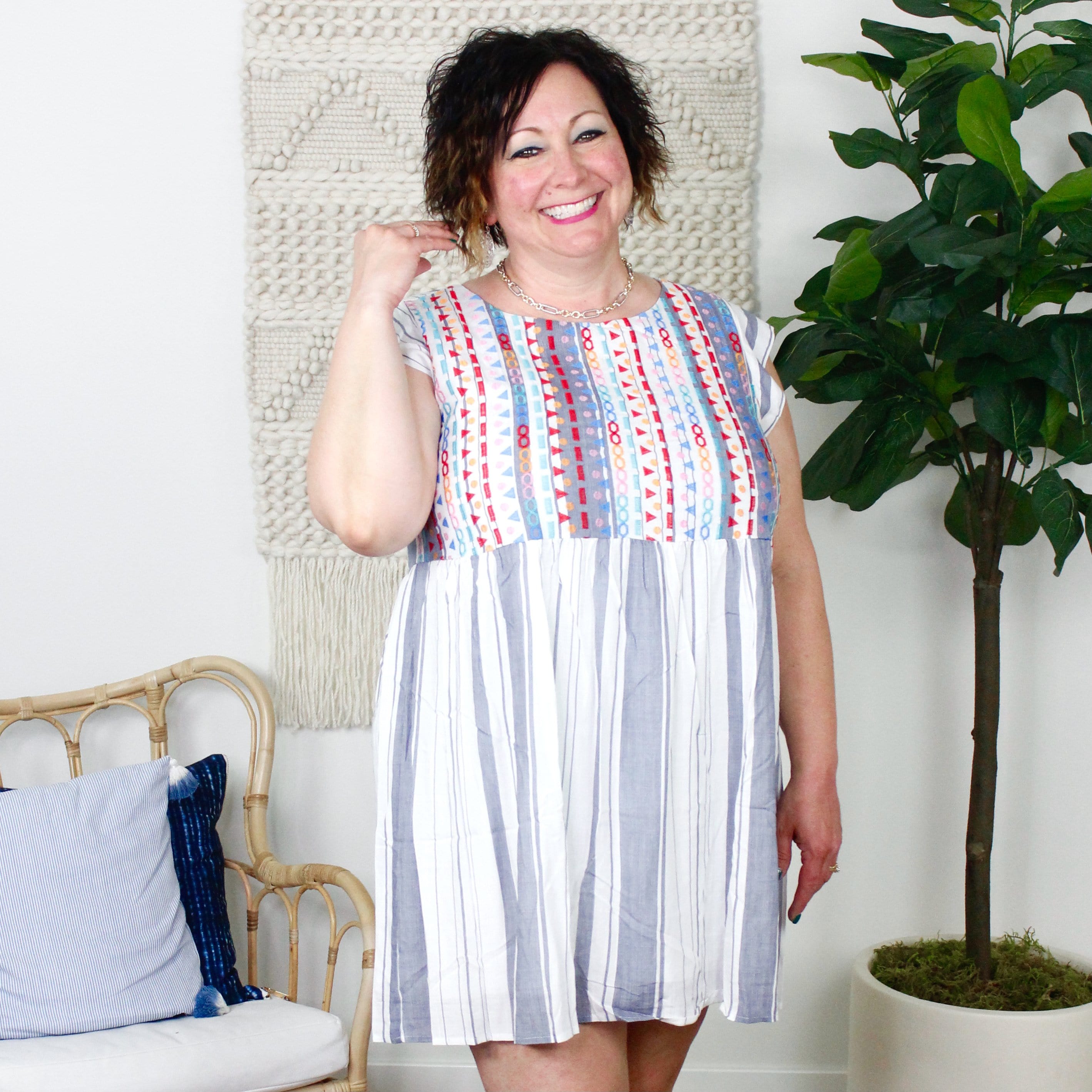 Navy Stripe Embroidered Babydoll Dress