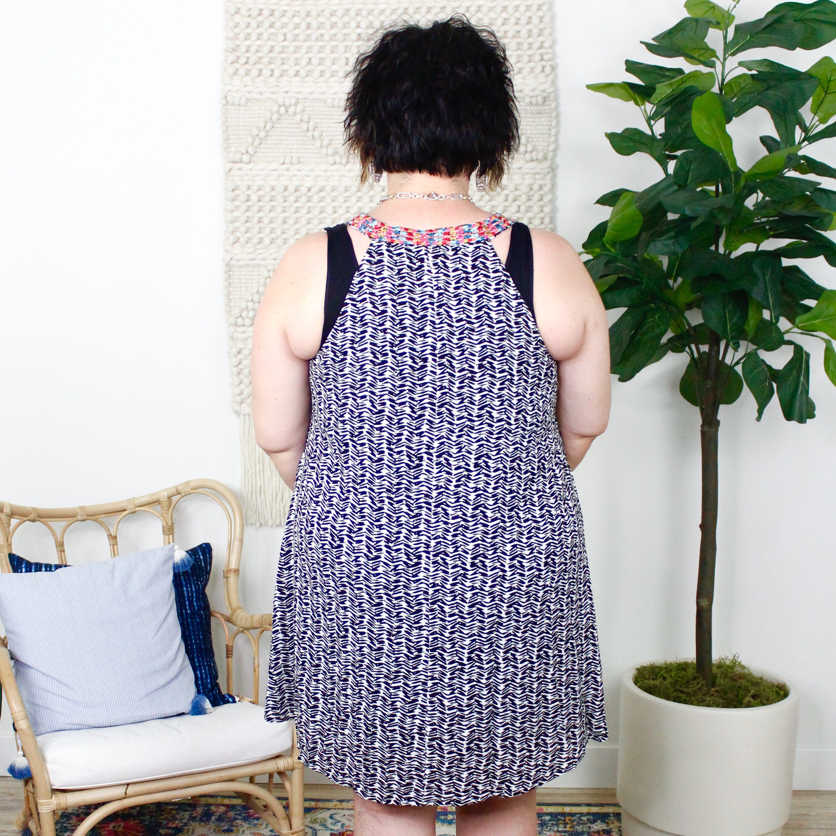 Printed Shift Dress w/ Embroidered Neckline