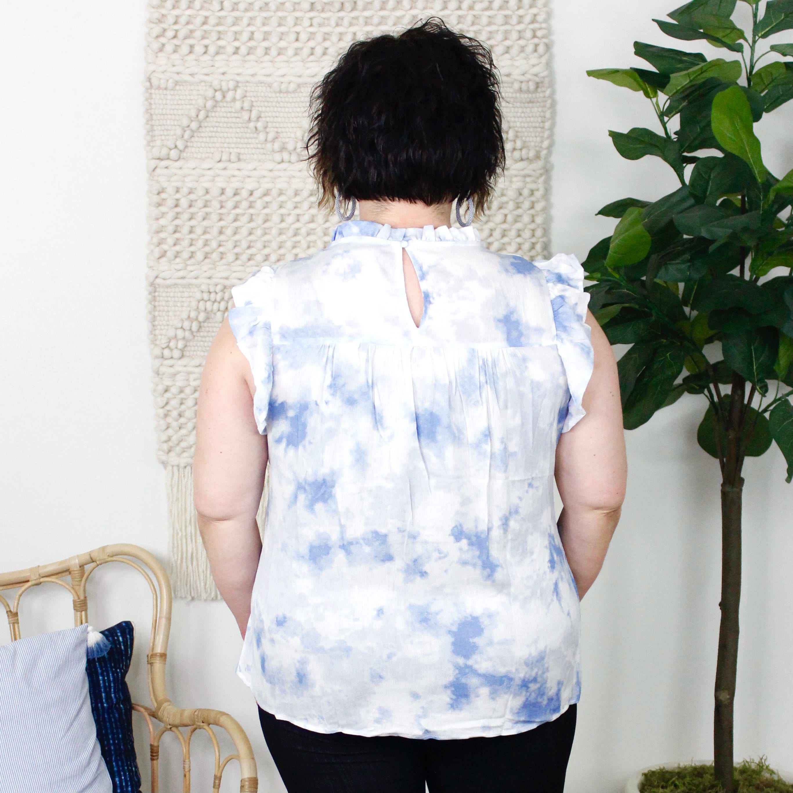 Denim Tie Dye Embroidered Babydoll Tank