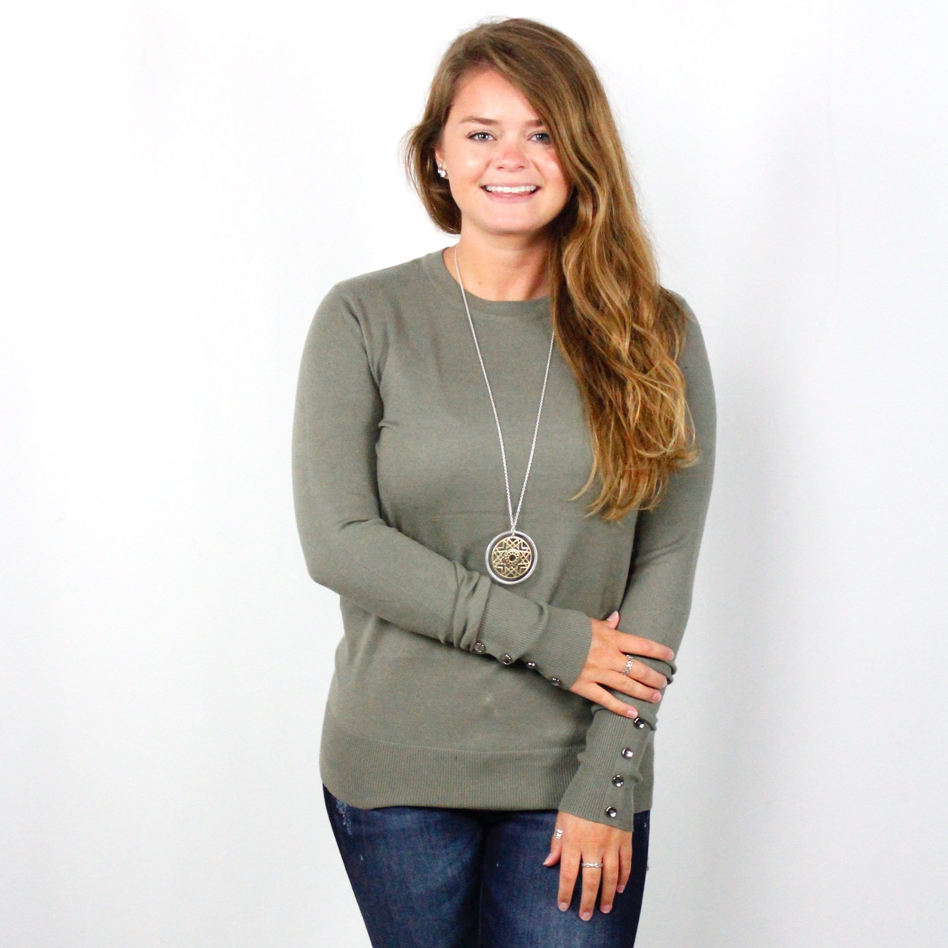 Crew Neck Button Detail Pullover