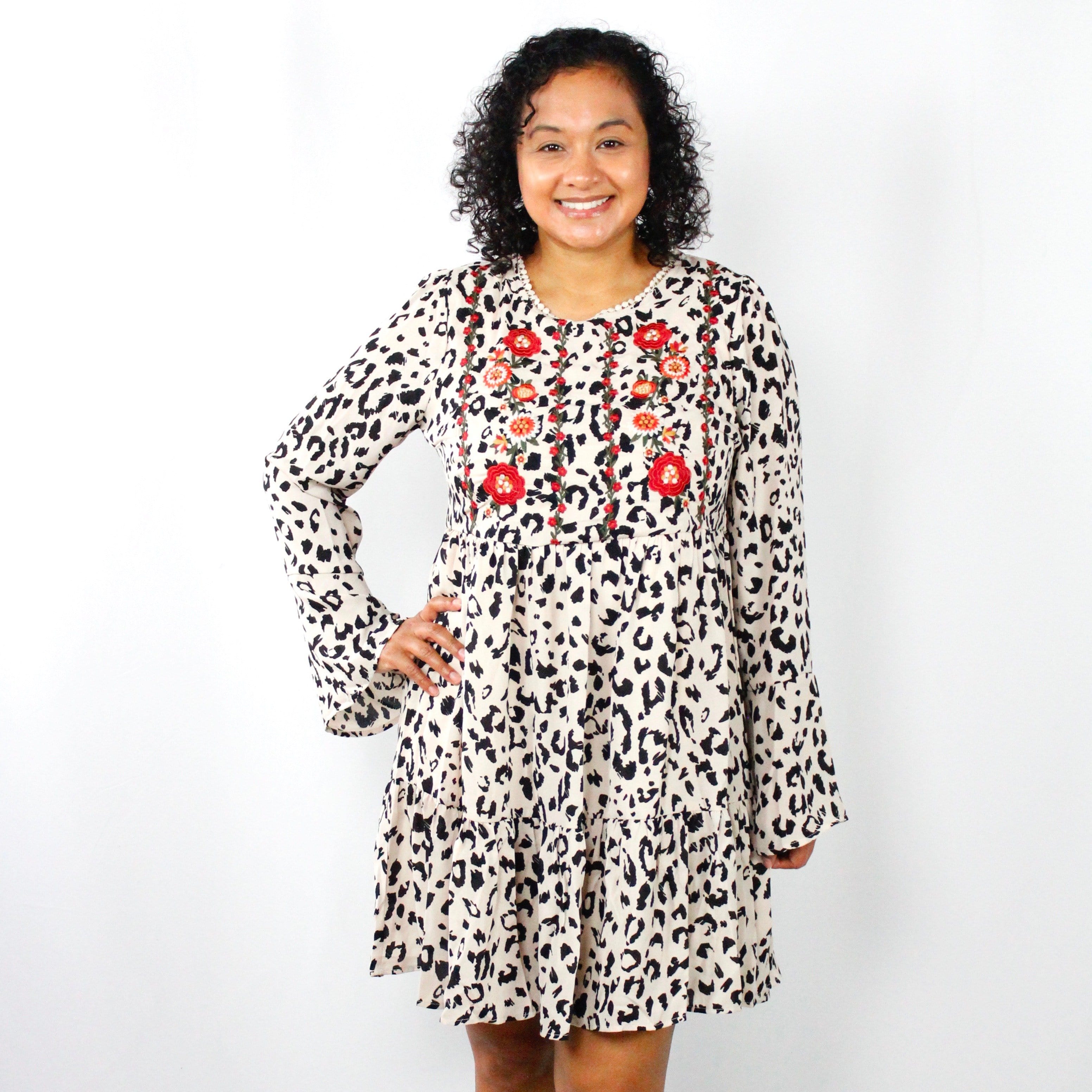 Animal Print Embroidered Ruffle Dress
