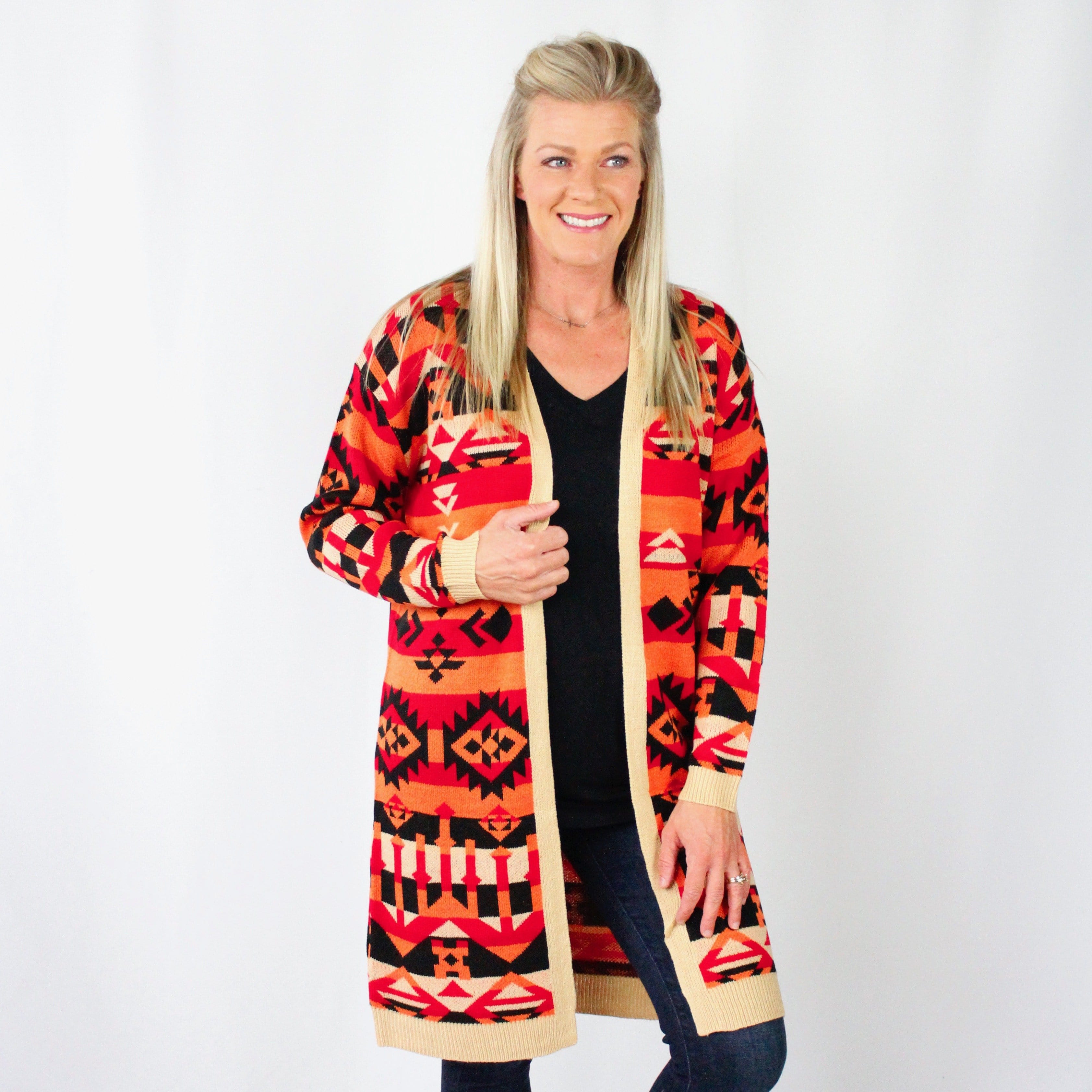 Coral Black Aztec Long Cardigan