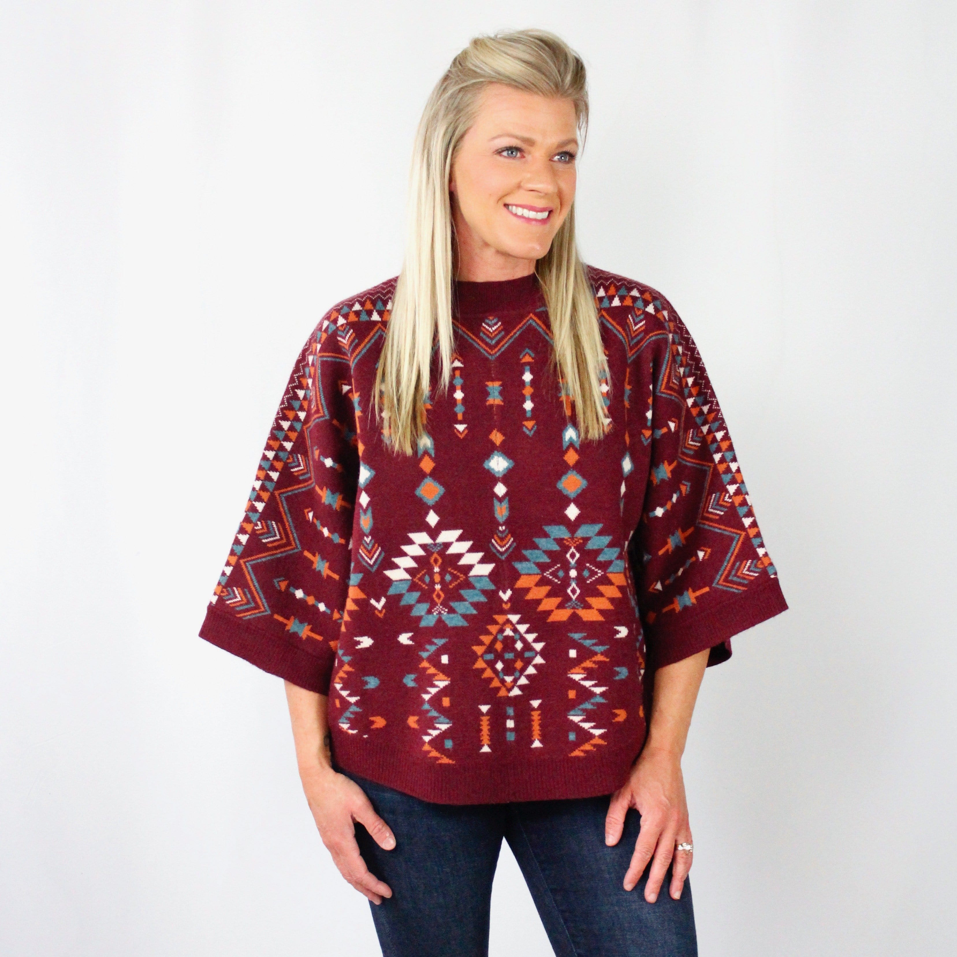 Aztec Print Wine Sweater