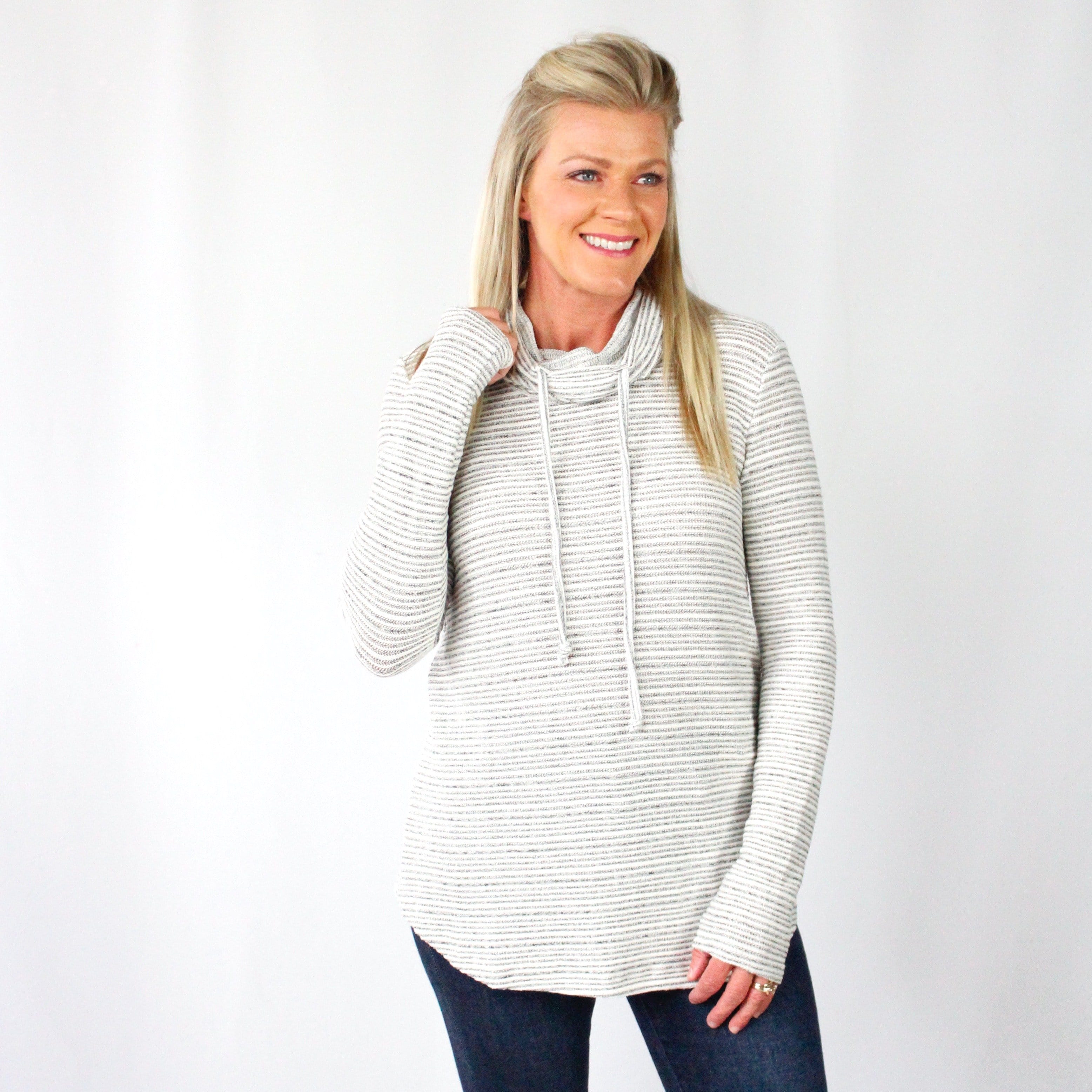 Textured Cowl Neck Stripe Pullover