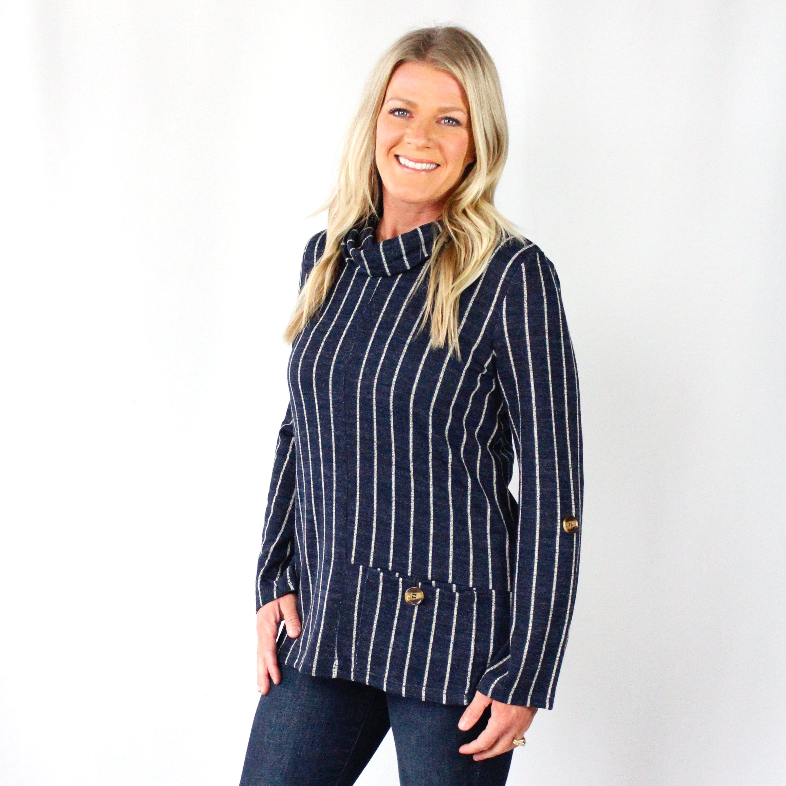 Stripe Cowl Neck Pocket Sweater