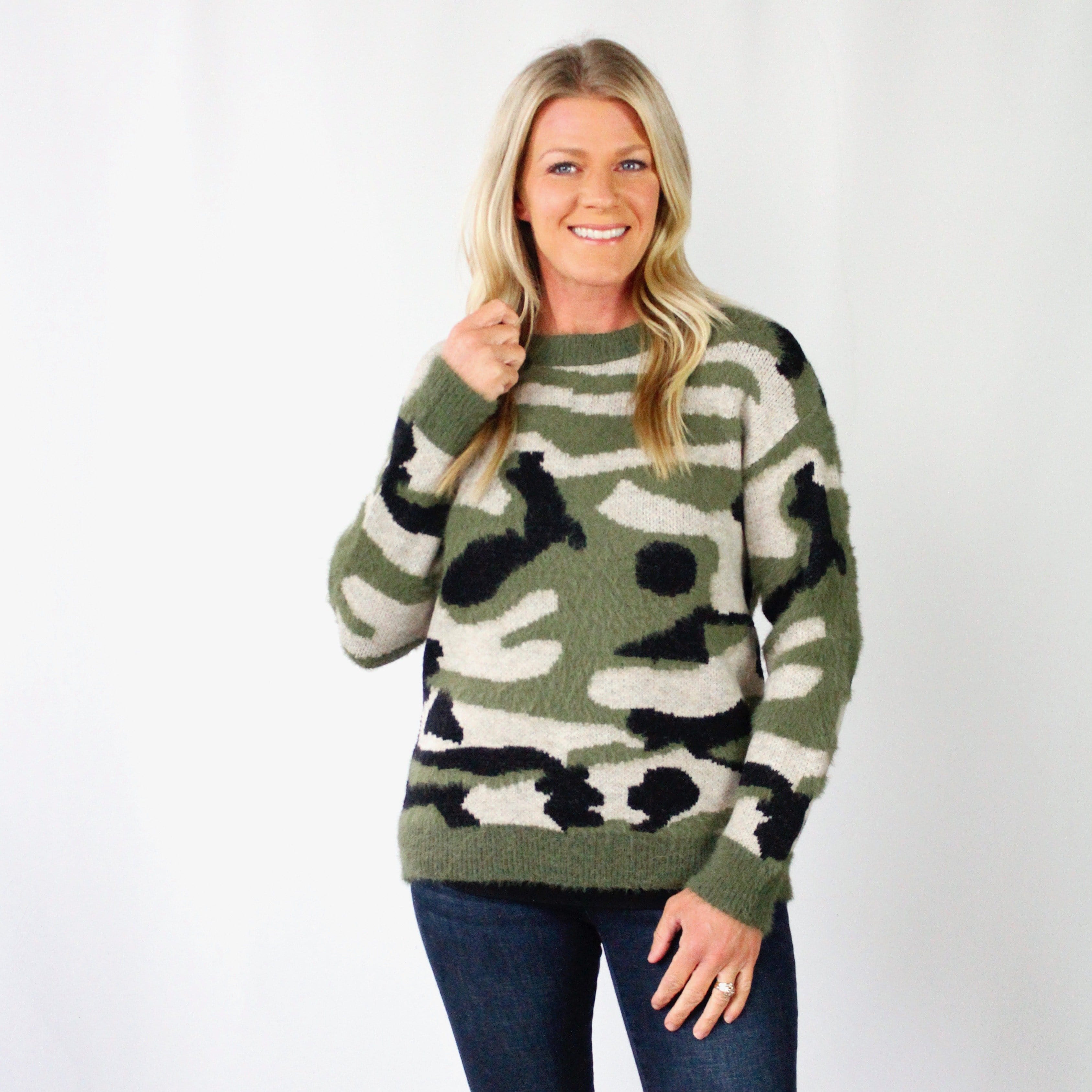 Fuzzy Camo Crew Sweater