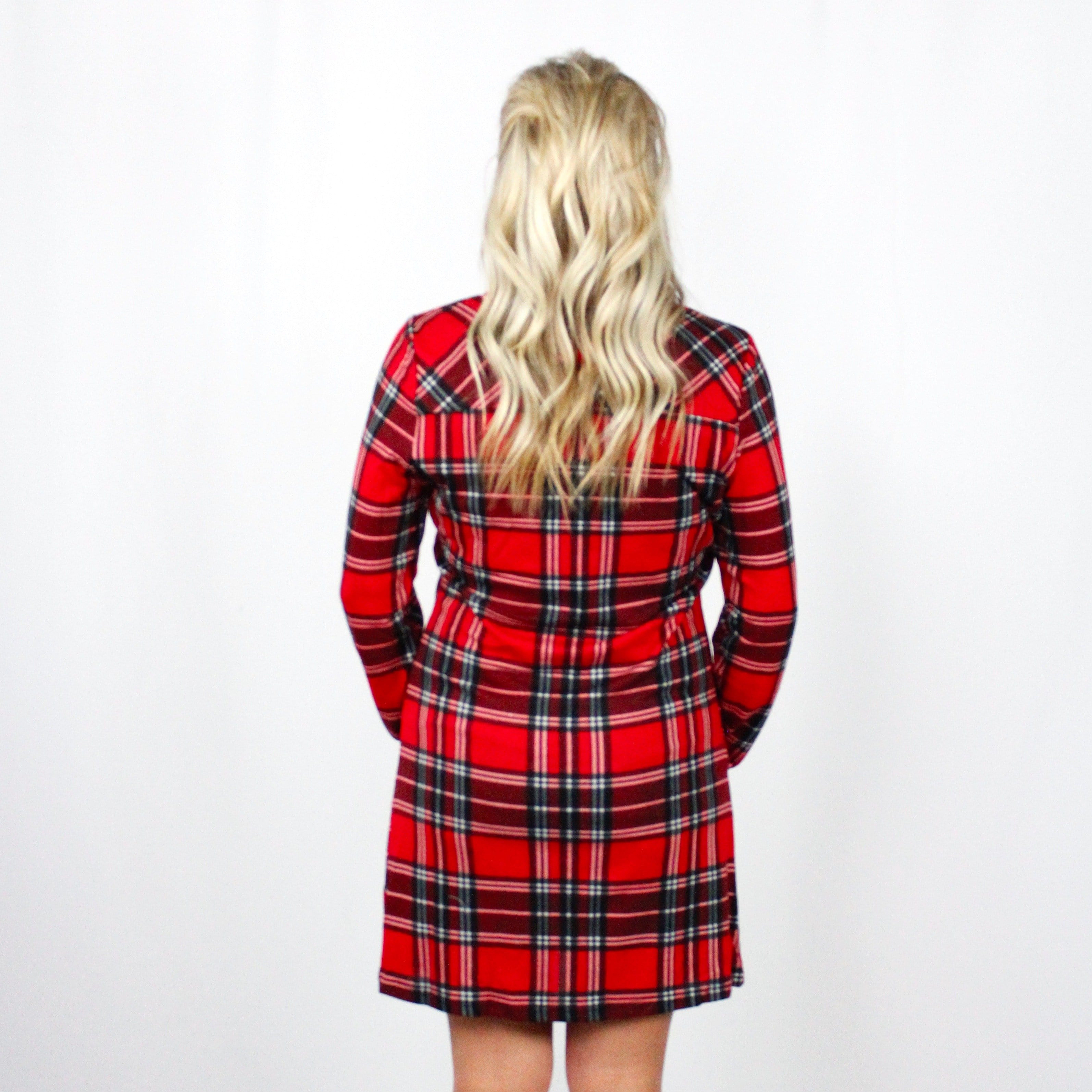 Red Plaid Henley Sweater Dress