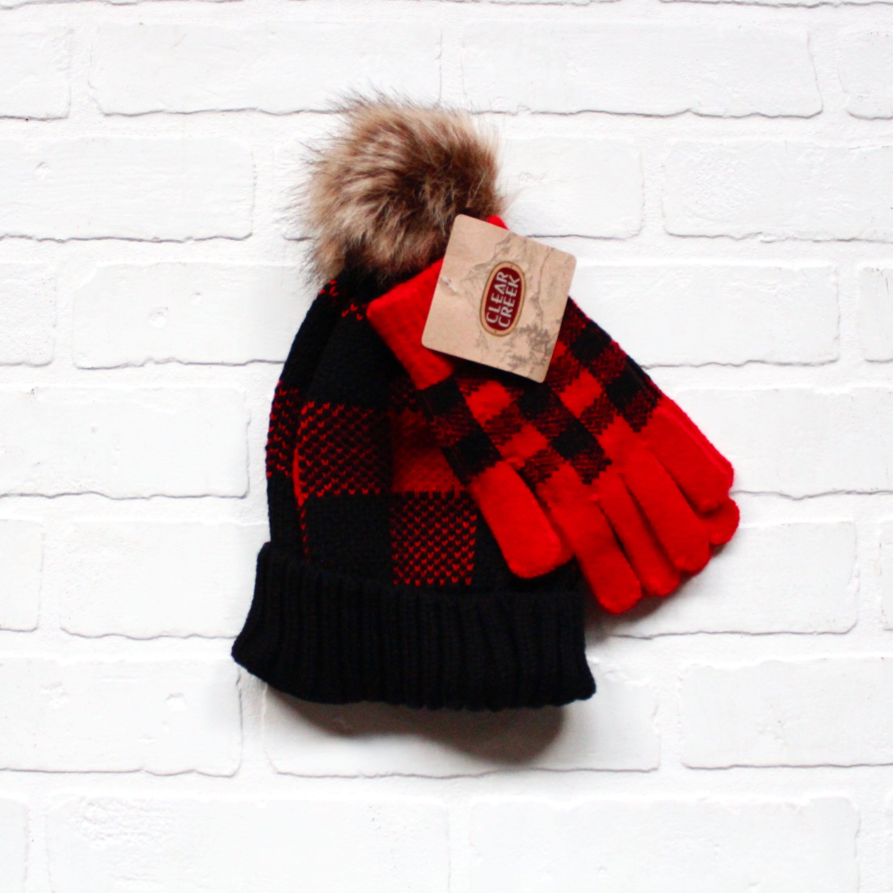 Buffalo Plaid Pom Hat Glove Set
