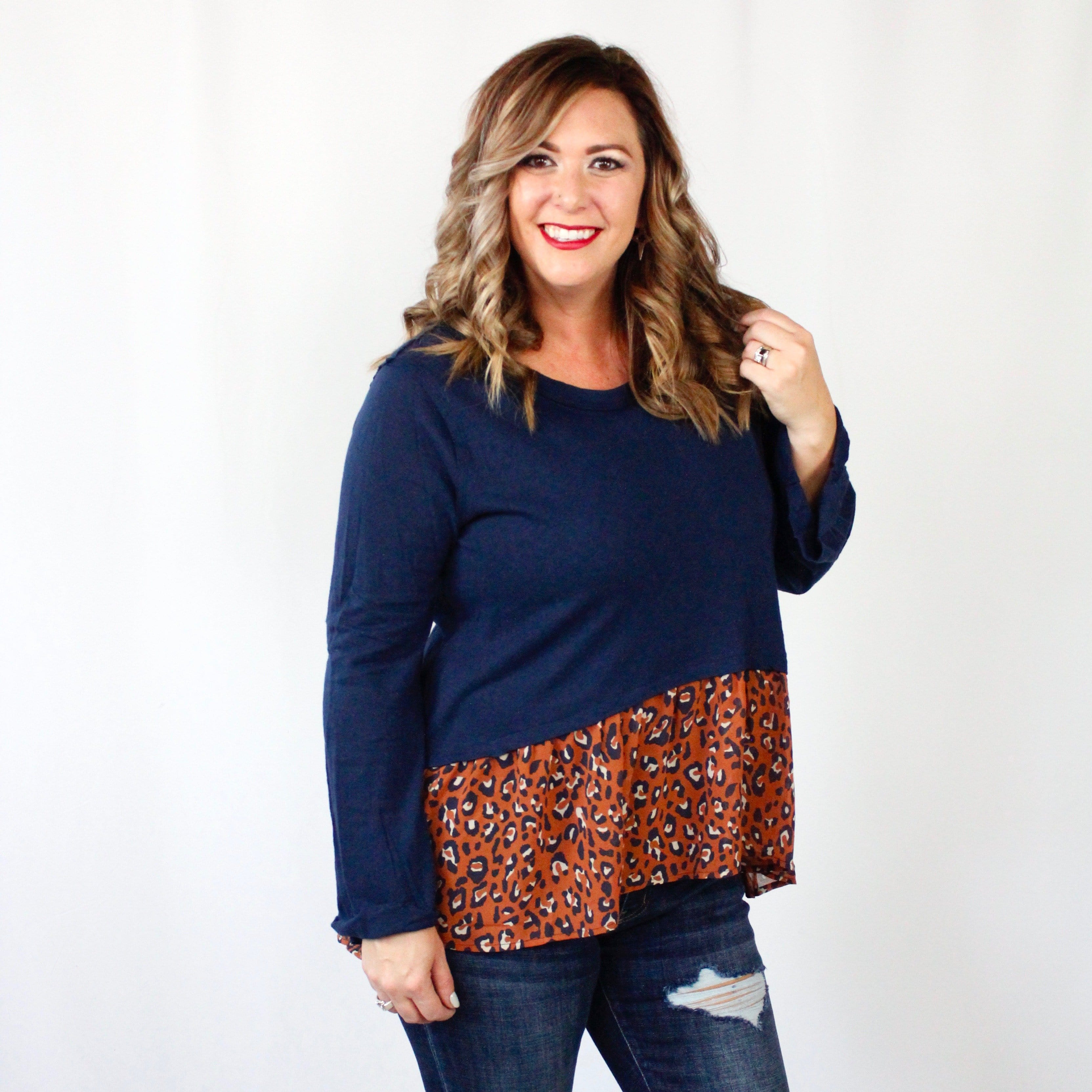 Navy Animal Print Ruffle Top