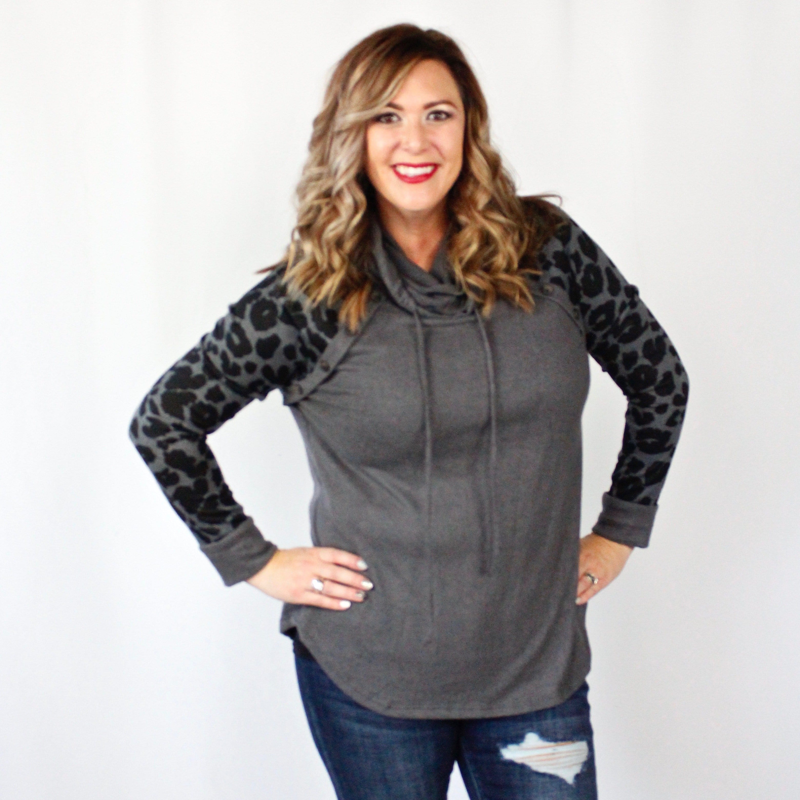 Leopard Button Detail Cowl Neck Top