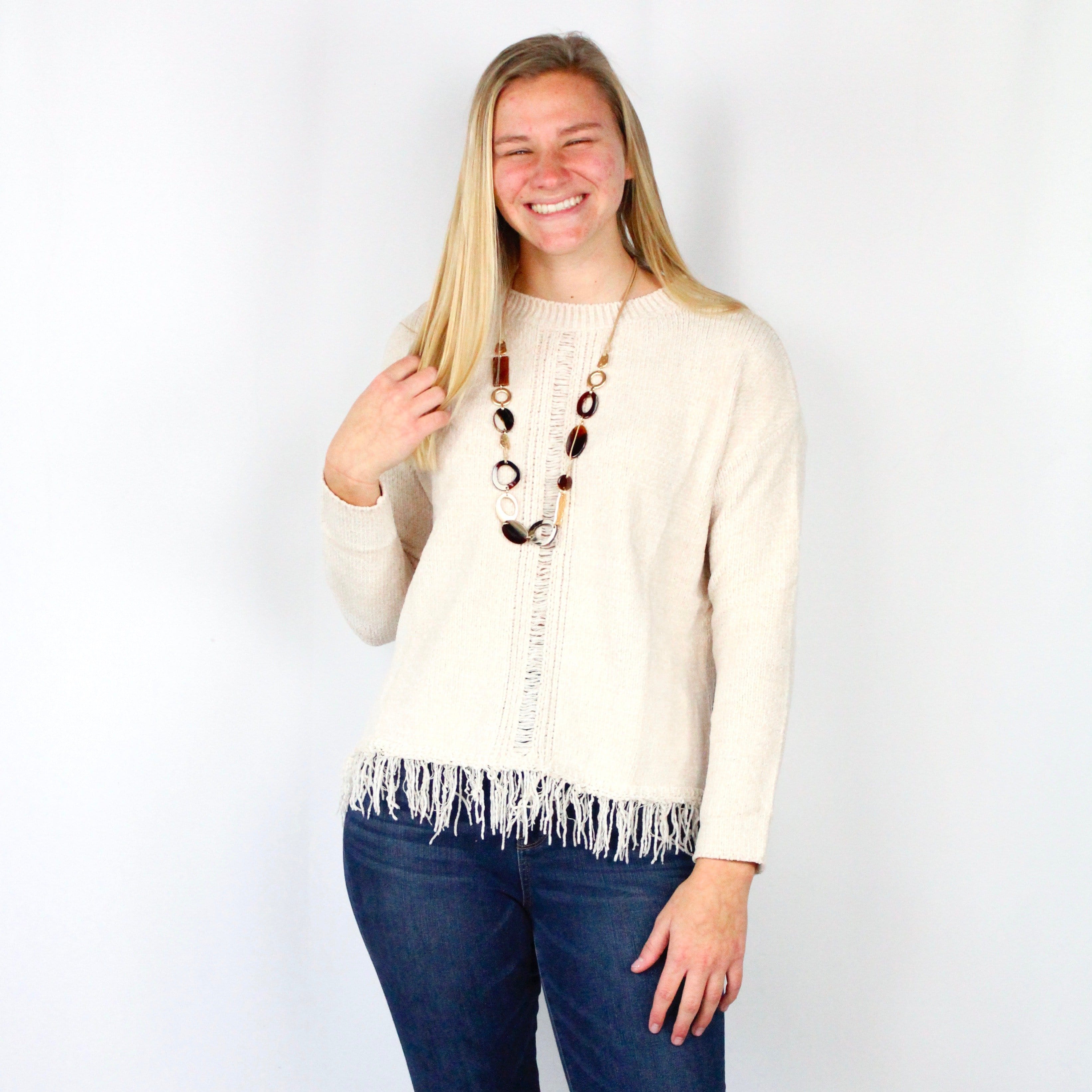 Cream Fringe Pullover Sweater