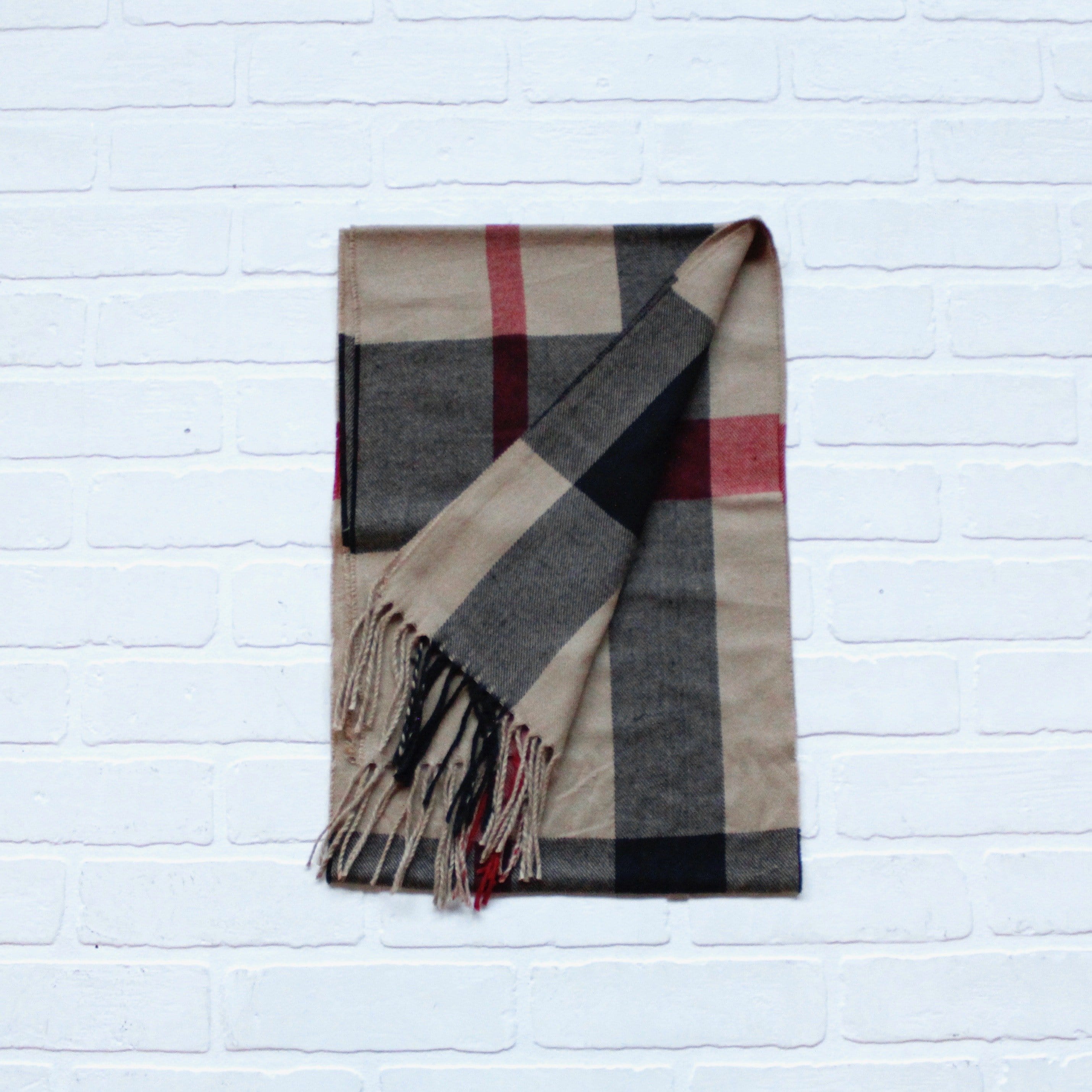 Cashmere Feel Scarf Tan Plaid