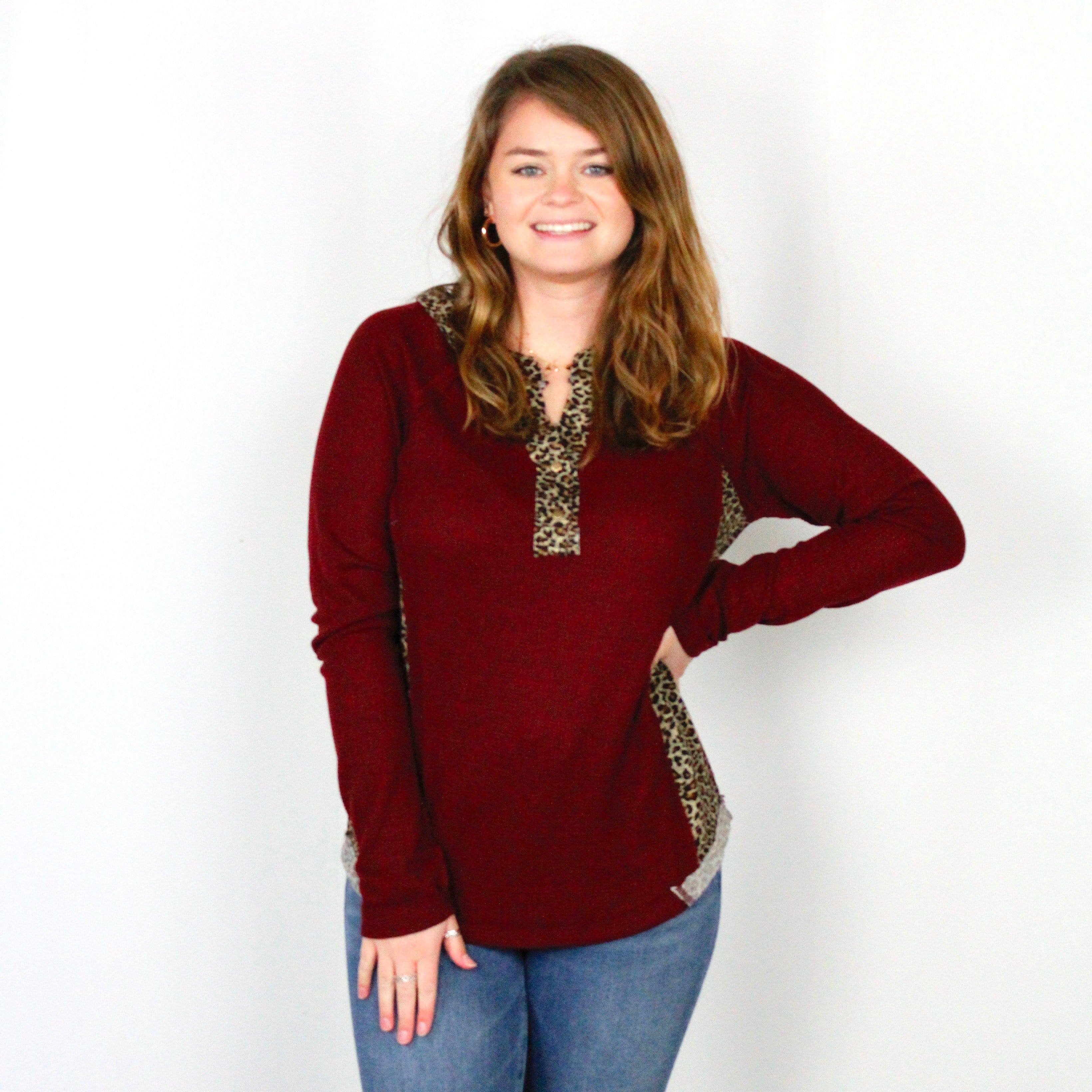 Cheetah Trim Burgundy Waffle Top