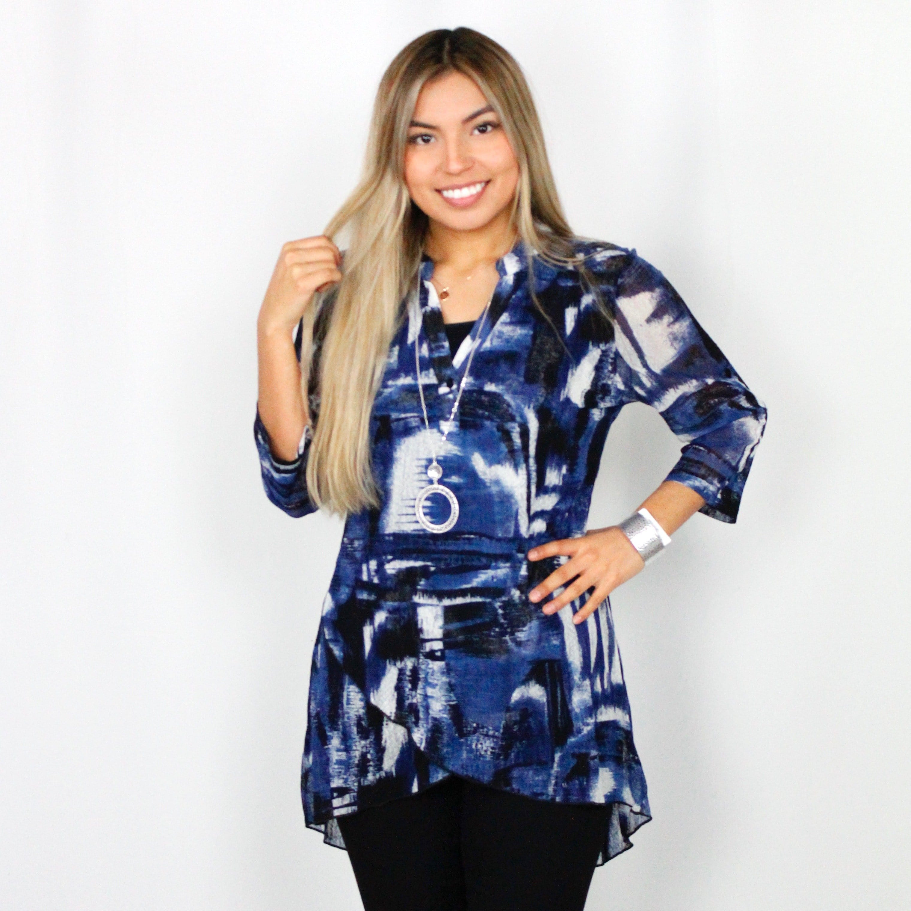 Navy Printed Cross Hem Mesh Top