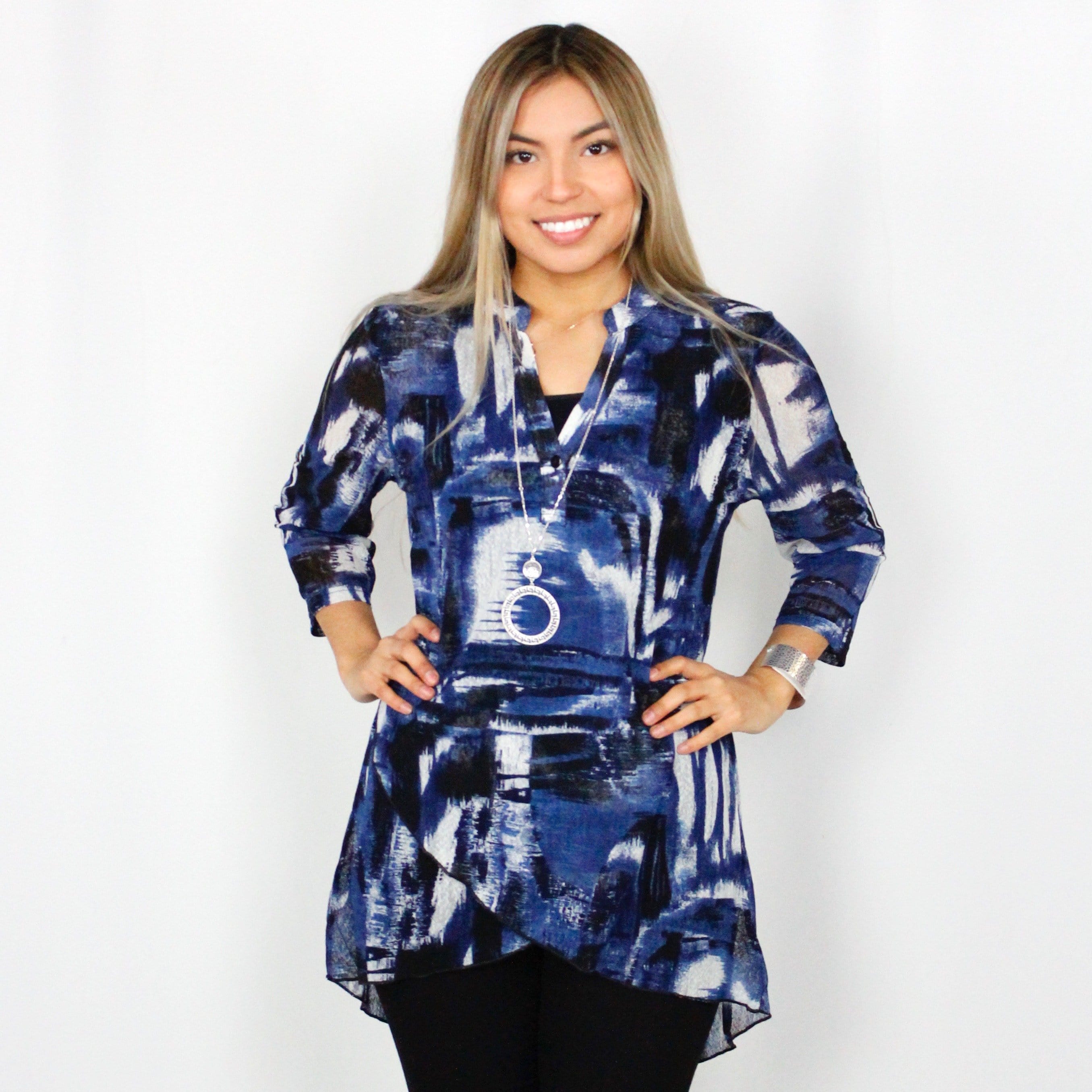Navy Printed Cross Hem Mesh Top