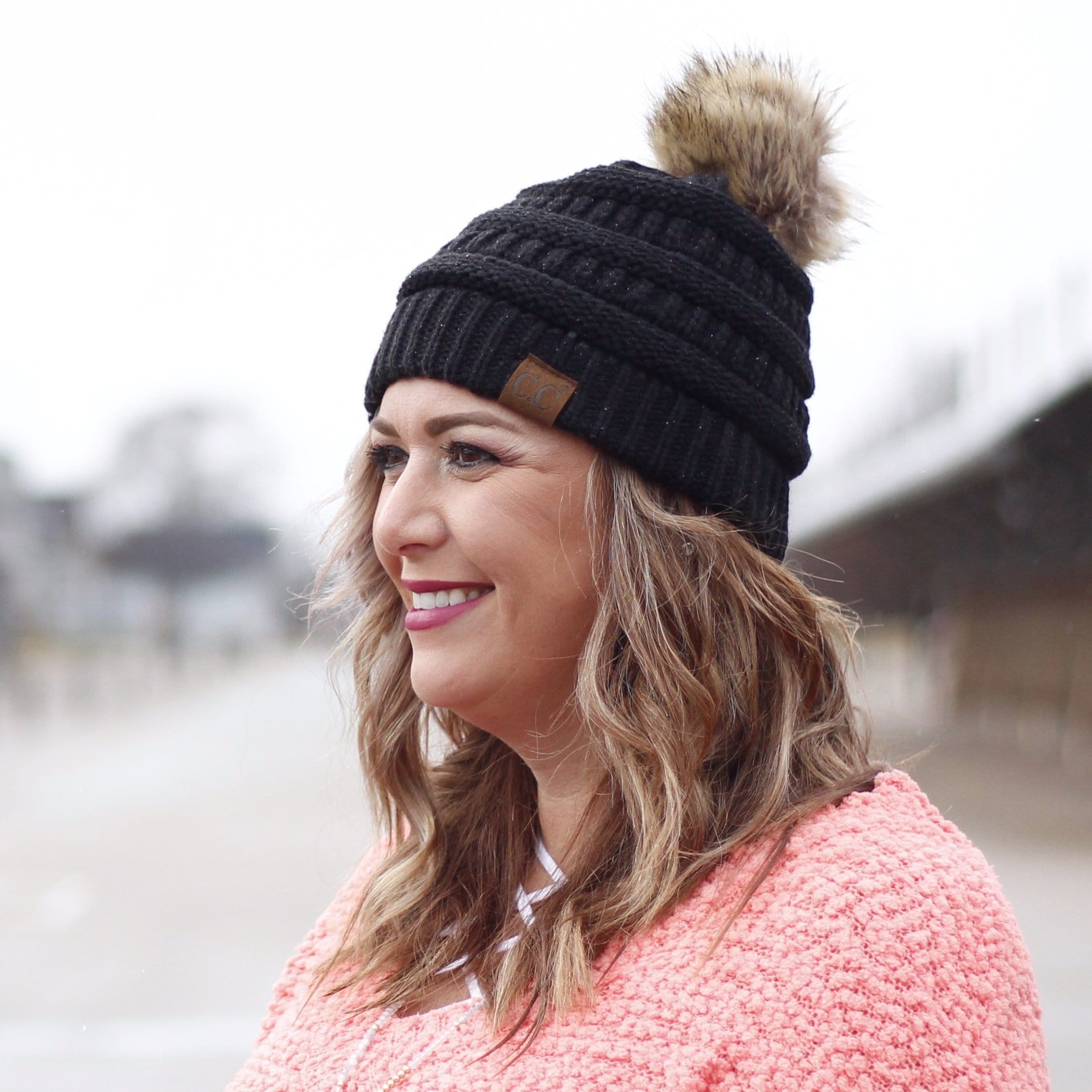 Solid Ribbed Fur Pom Beanie