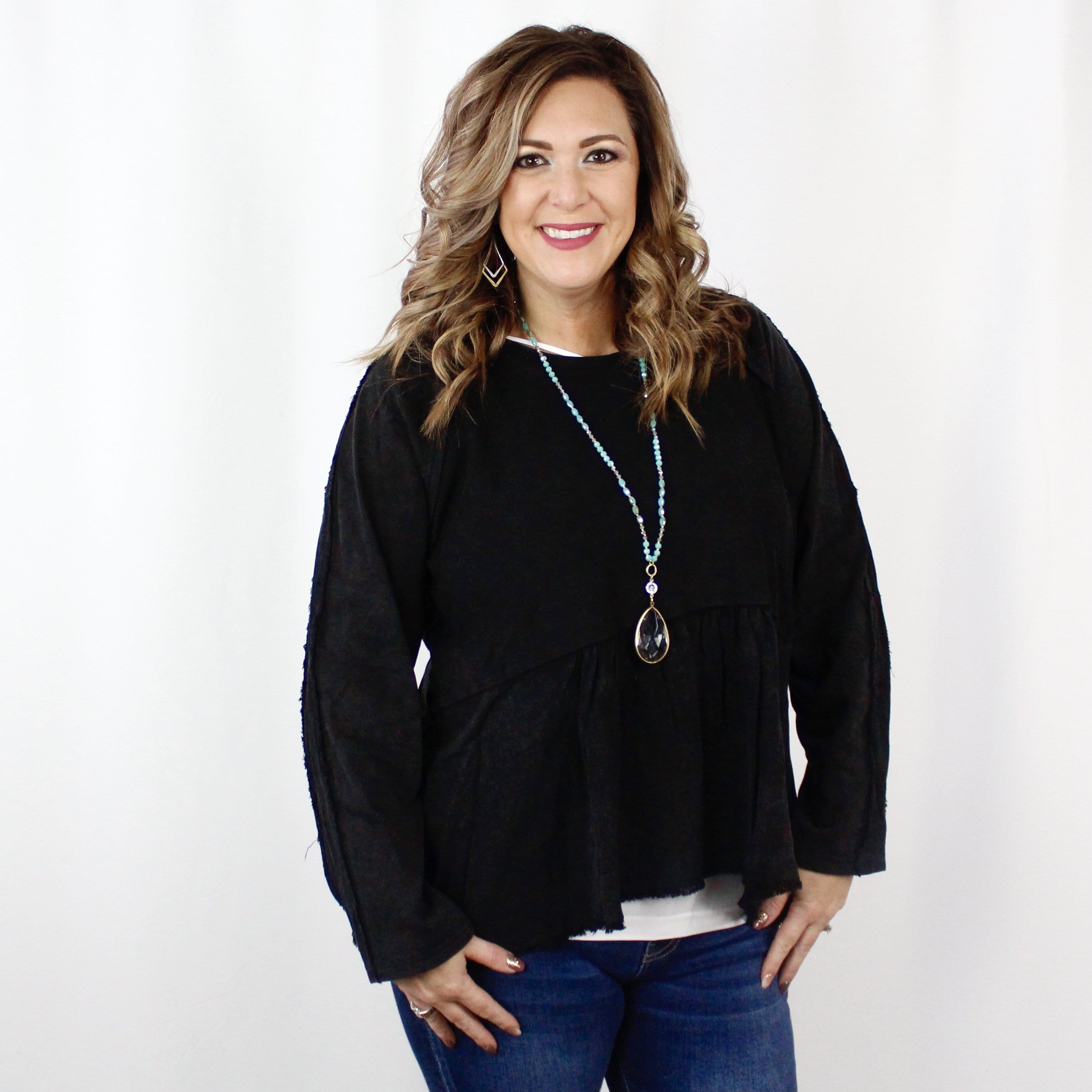 Black Mineral Wash Frayed Babydoll Top