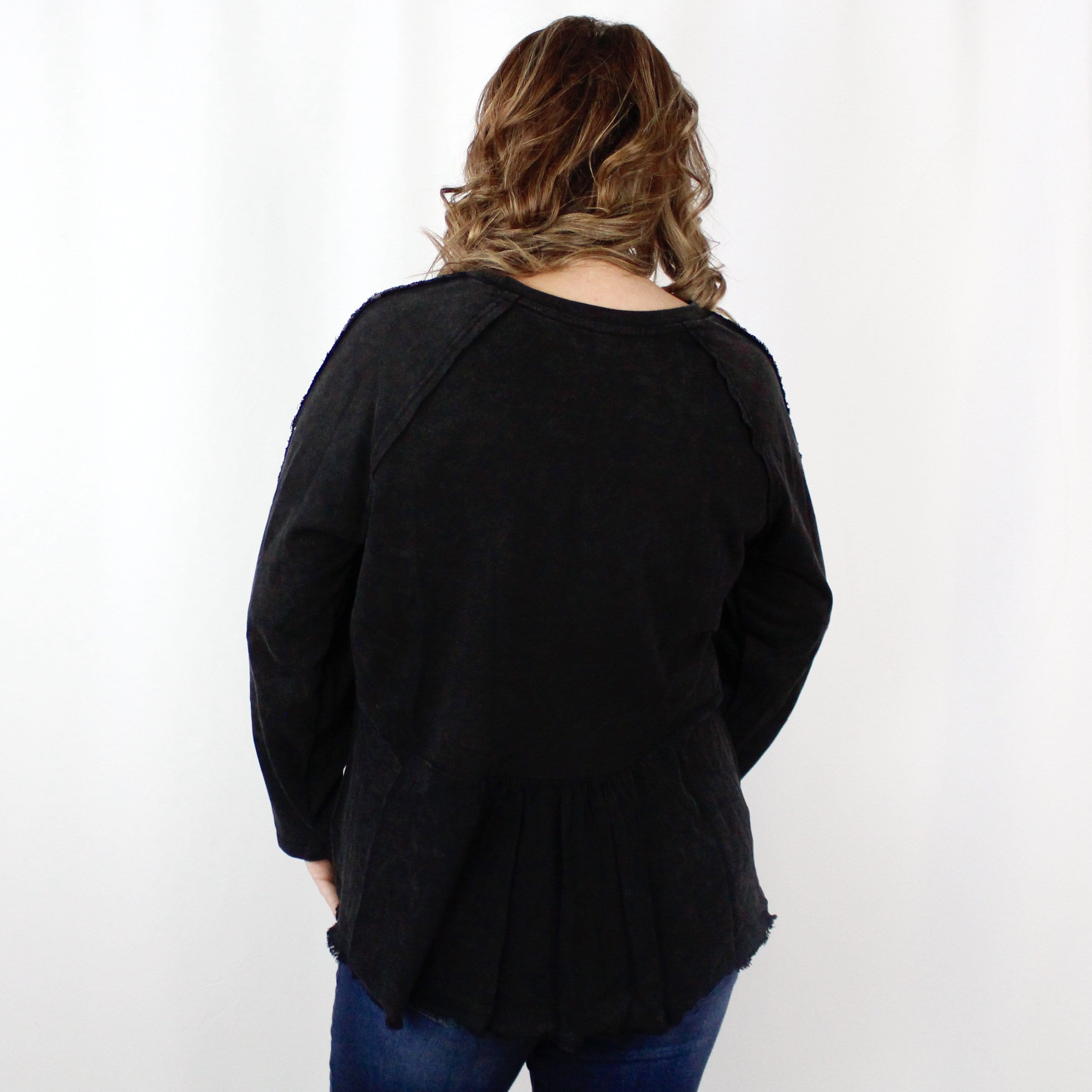 Black Mineral Wash Frayed Babydoll Top