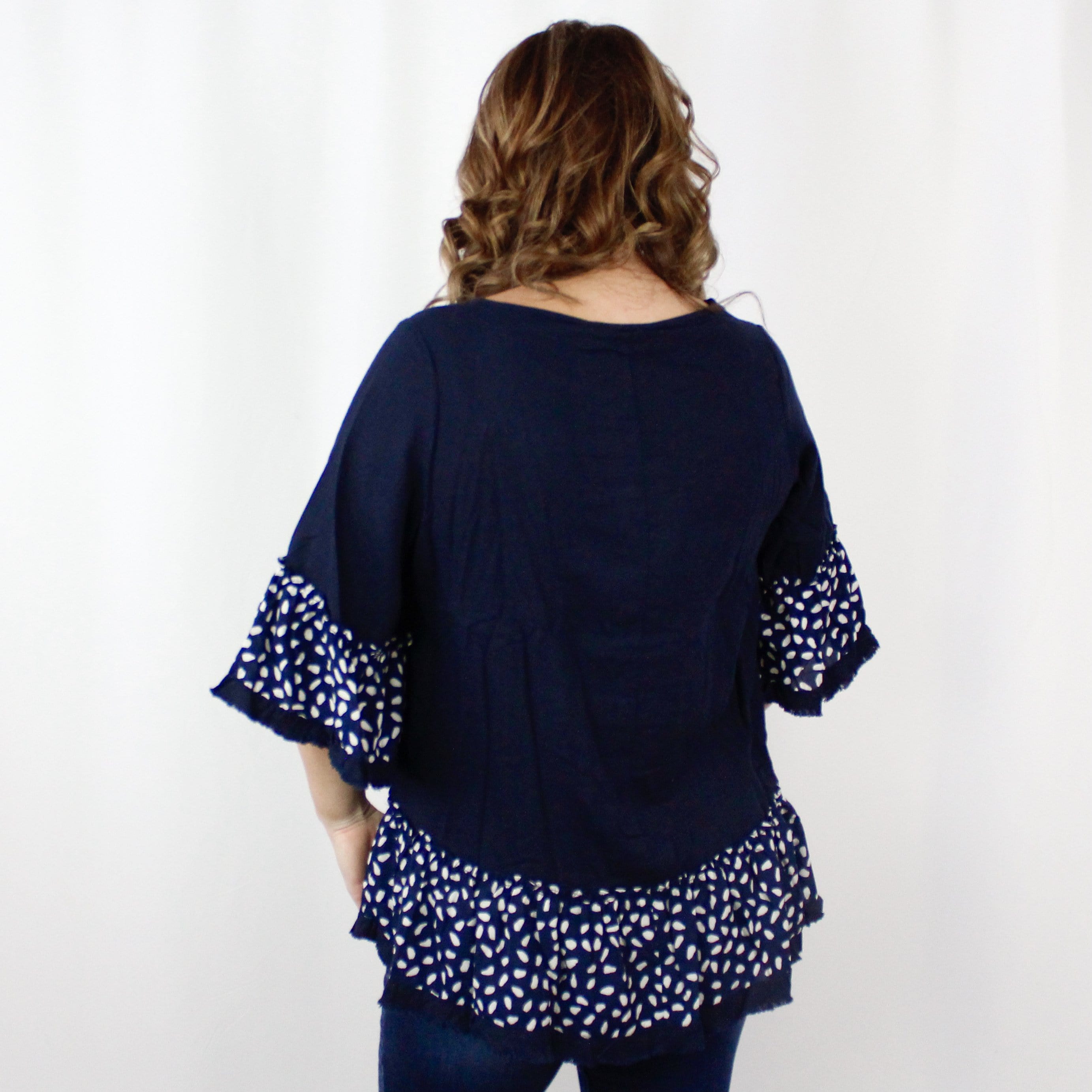 Navy Linen Animal Bell Sleeve Top