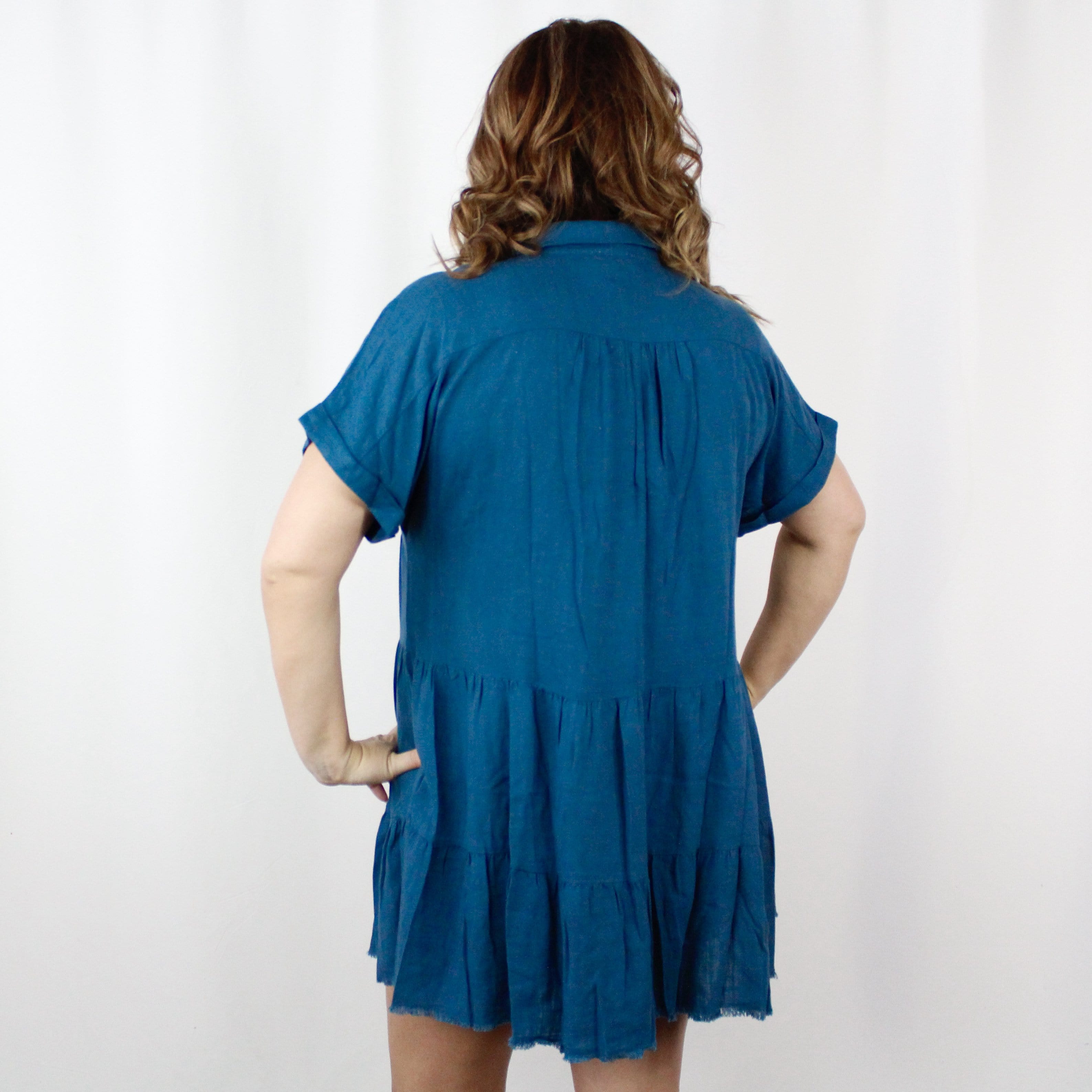 Teal Ruffle Tiered Frayed Hem Dress