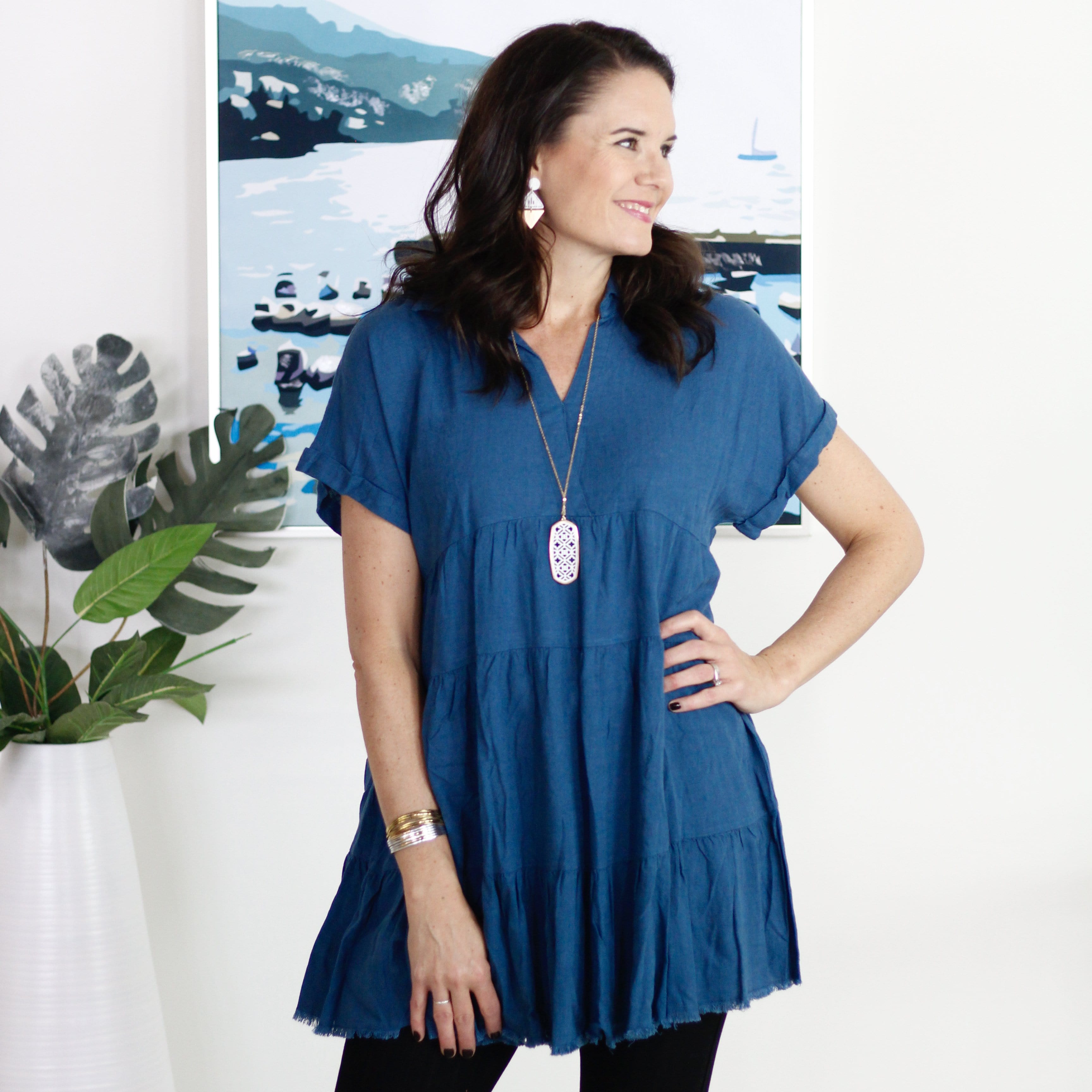 Teal Ruffle Tiered Frayed Hem Dress