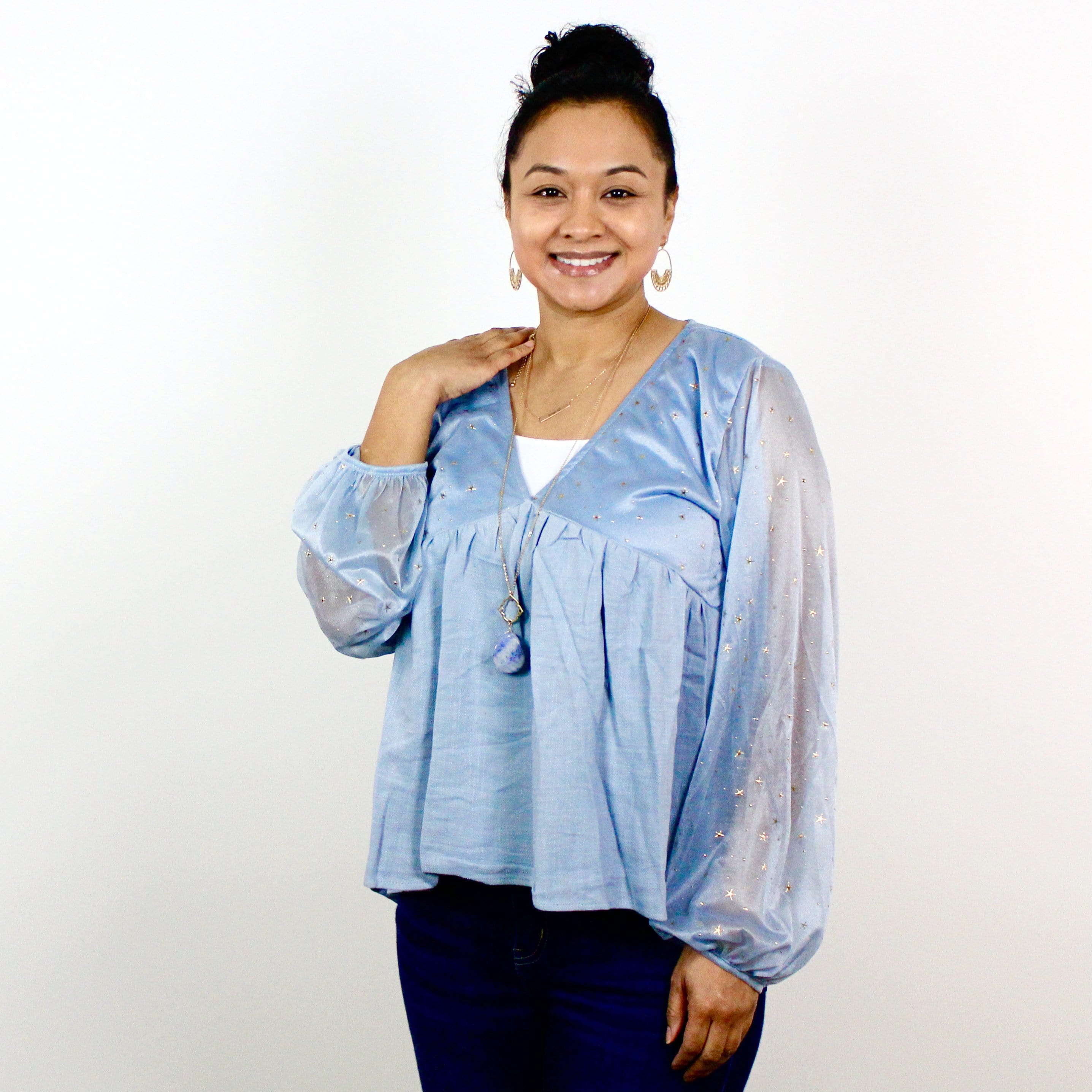 Dusty Blue Gold Foil Star Detail Top