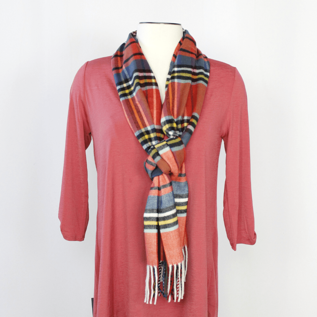 Cashmere Feel Scarf Orange Blue Plaid