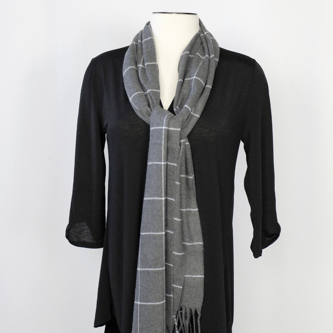 Cashmere Feel Scarf Grey White Plaid