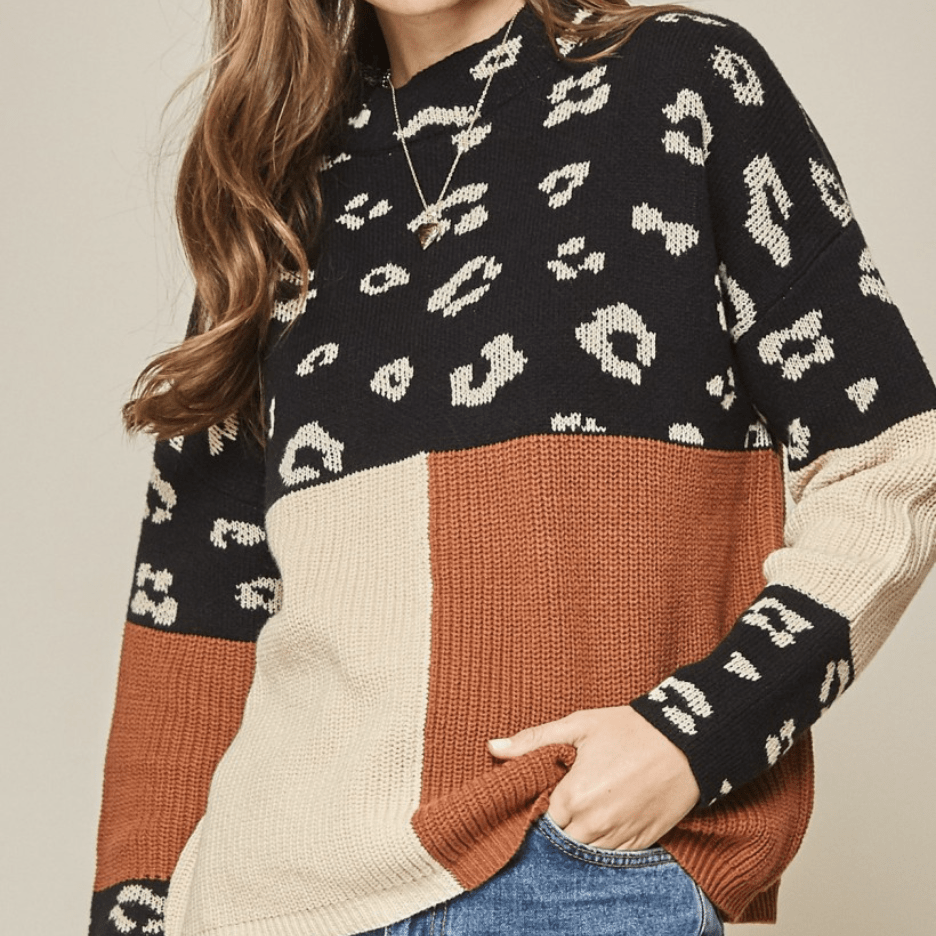 Leopard Colorblock Mock Neck Sweater