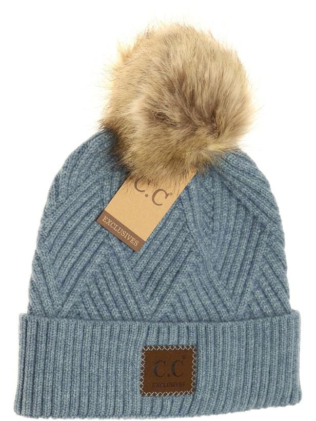 Diagonal Criss-Cross Heather Pom Beanie w/Patch
