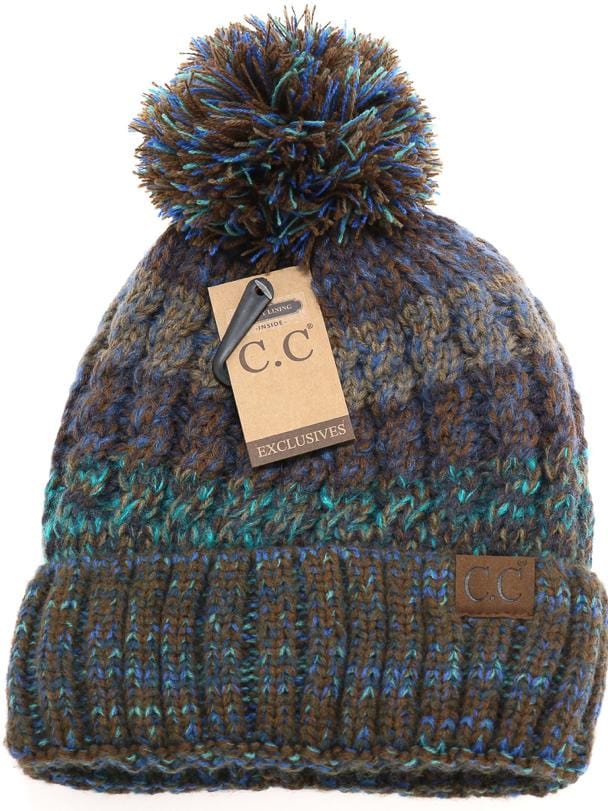 Fuzzy Lined Tri-Color Pom Beanie