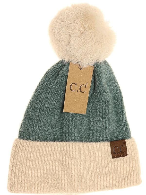 Colorblock Solid Faux Fur Pom Beanie