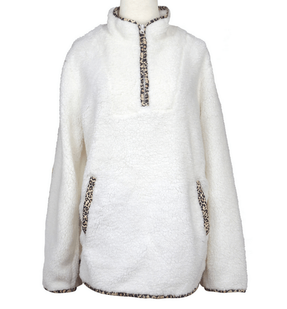 Ivory w/Leopard Print Trim Sherpa Pullover