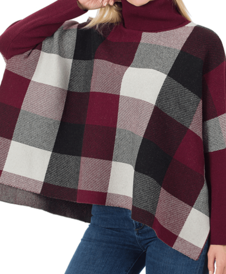 Burgundy Plaid Turtleneck Oversized Sweater