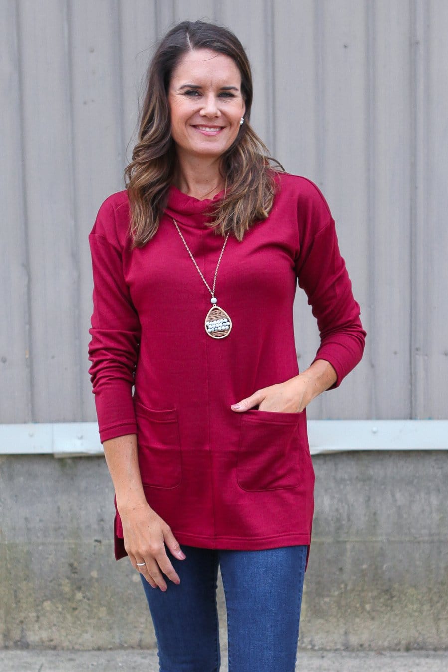 cowl neck sweater with pockets