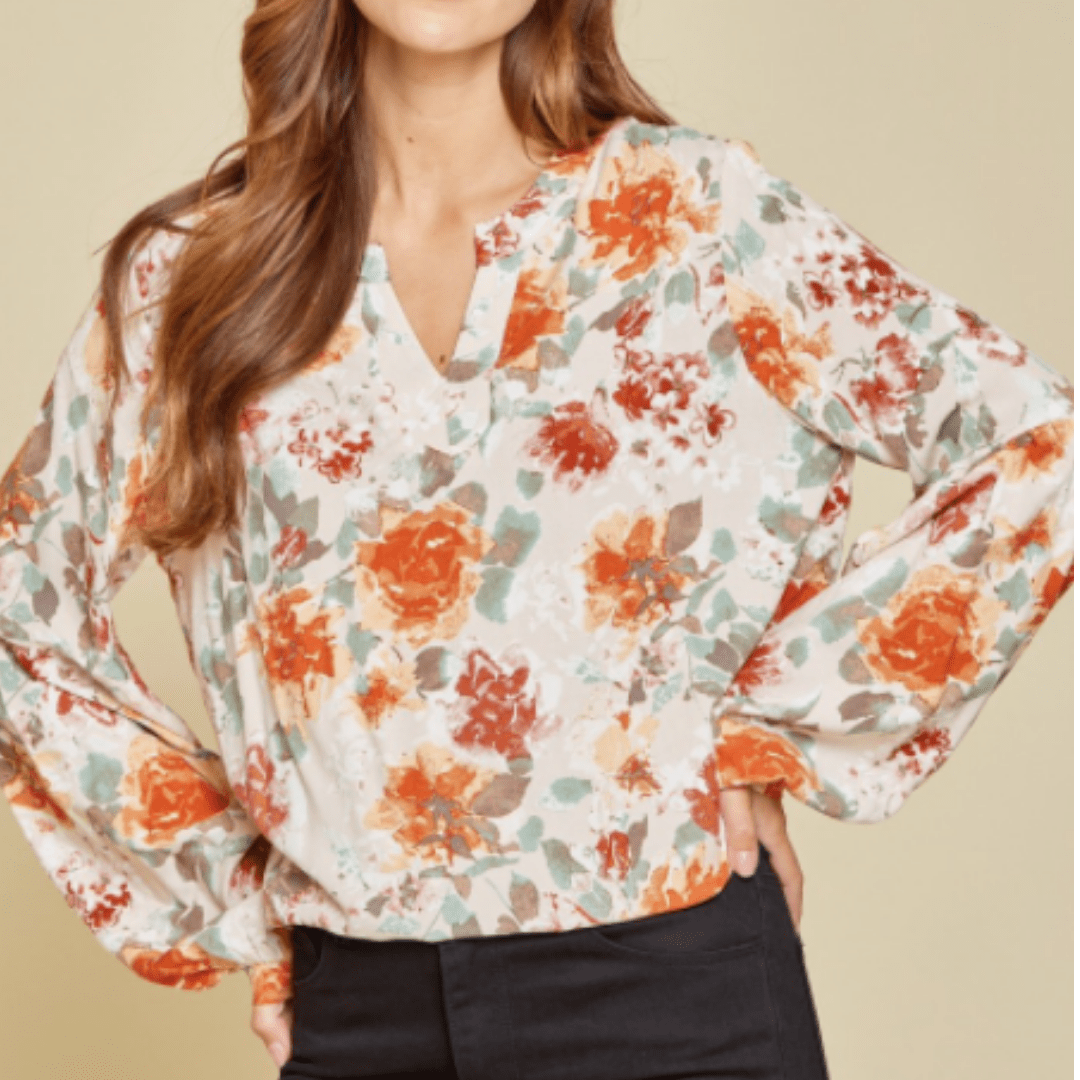 Fall Floral Balloon Sleeve Blouse