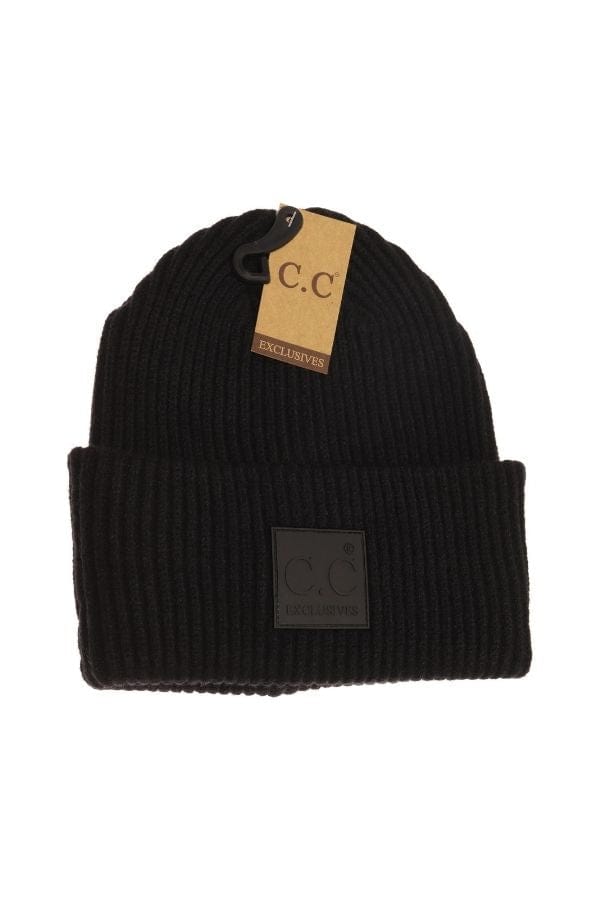 Black Ribbed Beanie W/ Rubber Patch