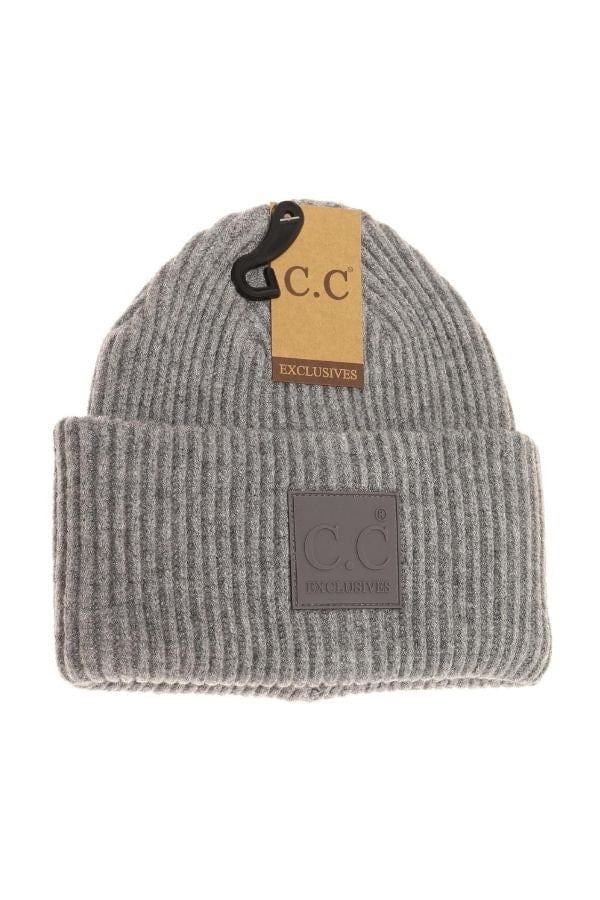 Light Grey Ribbed Beanie W/ Rubber Patch