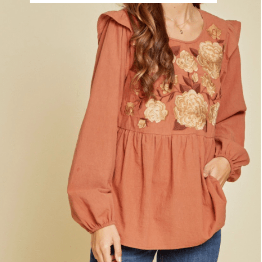 Rust Embroidered Ruffle Babydoll Top
