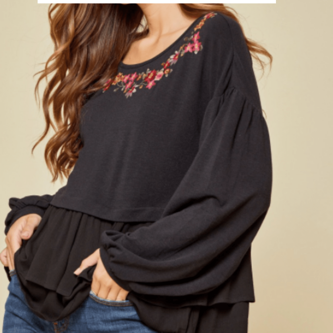 Black Embroidered Ruffle Detail Babydoll Top