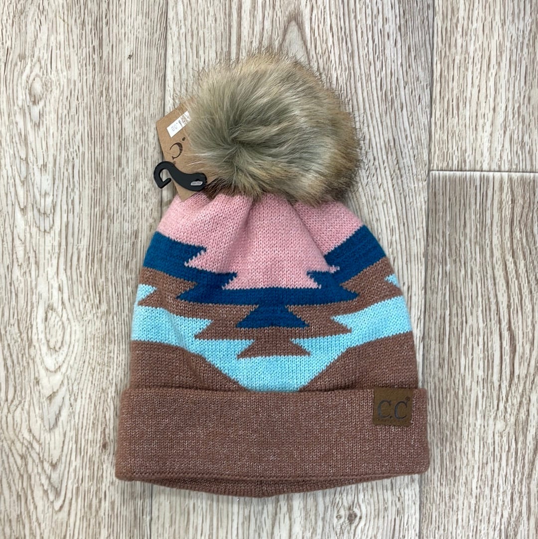 Taupe Aztec Pattern Beanie W/ Pom