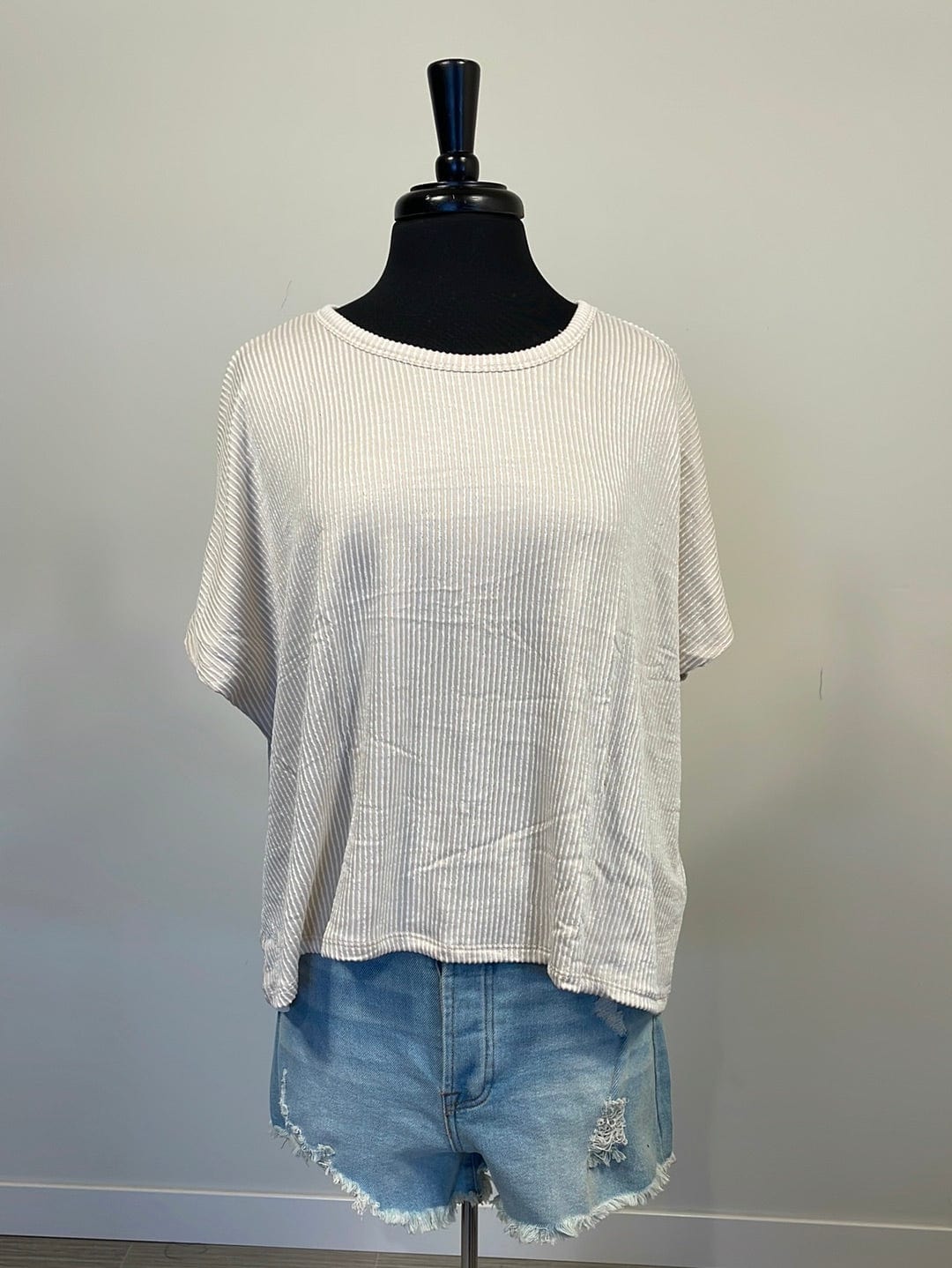 Sand Beige & White Ribbed Striped Top