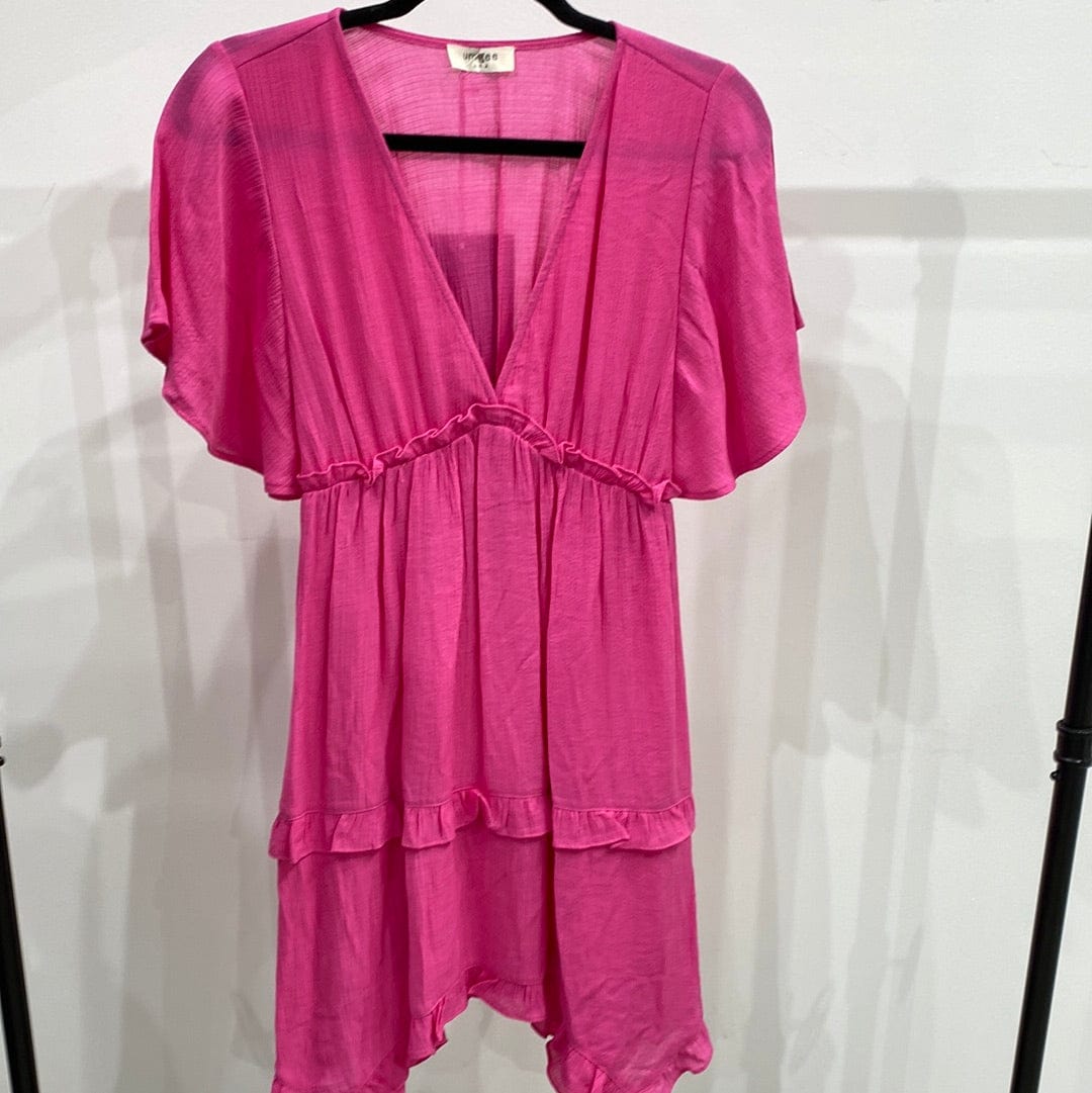 Hot Pink Flutter Sleeve Tiered Dress - PREORDER U