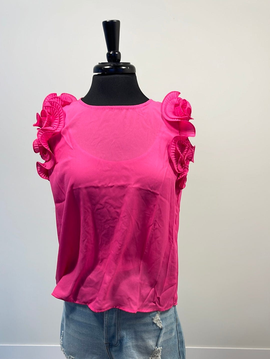 Hot Pink Wave Ruffle Shoulder Blouse
