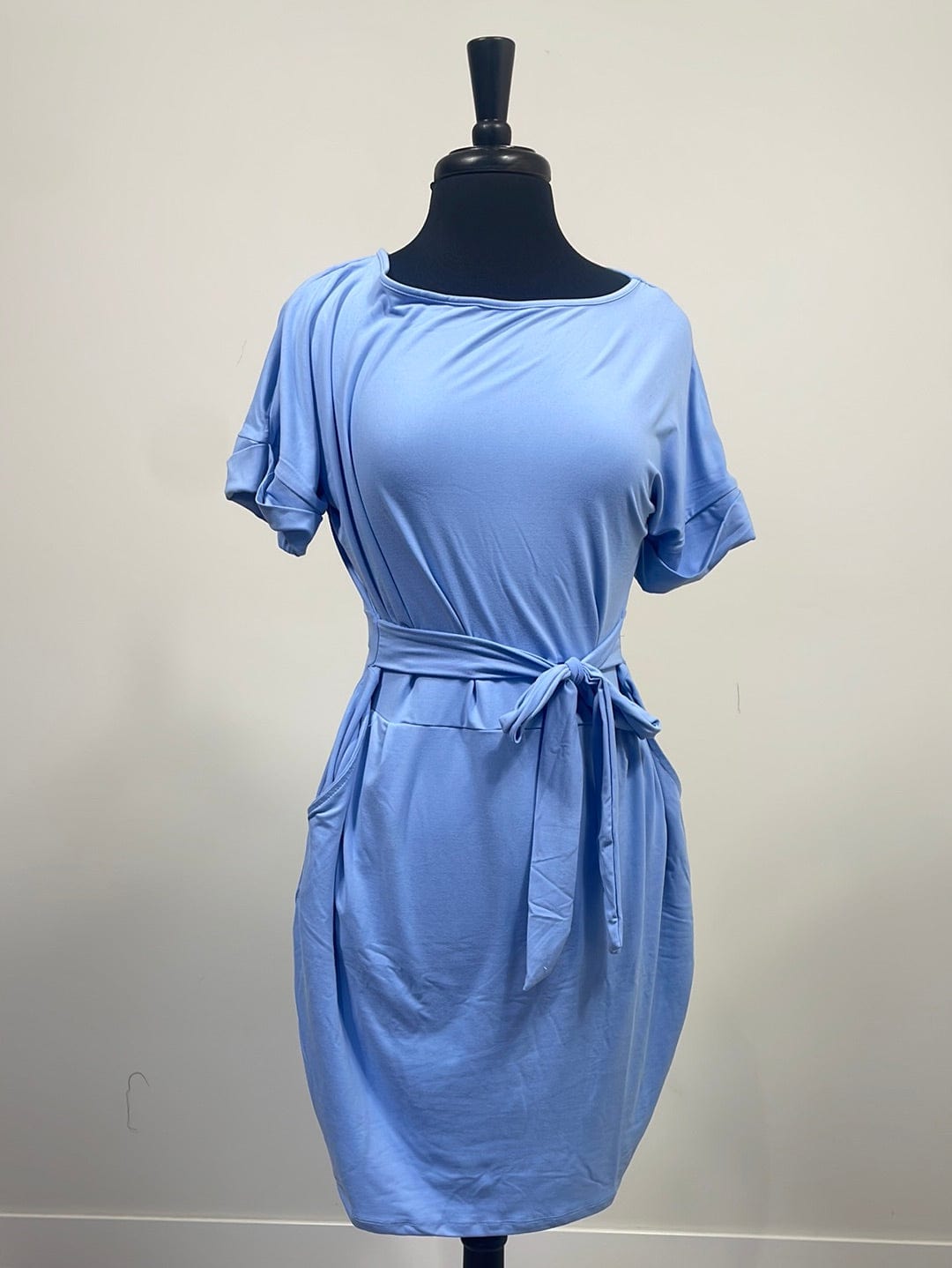Spring Blue Brushed Tie-Belt Dress