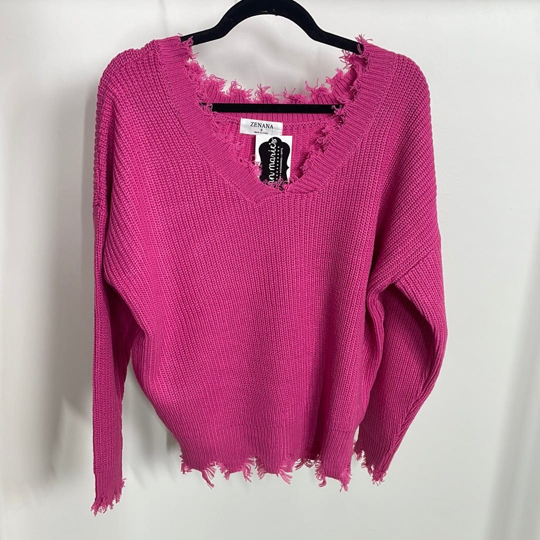 Fuchsia Distressed VNeck Sweater