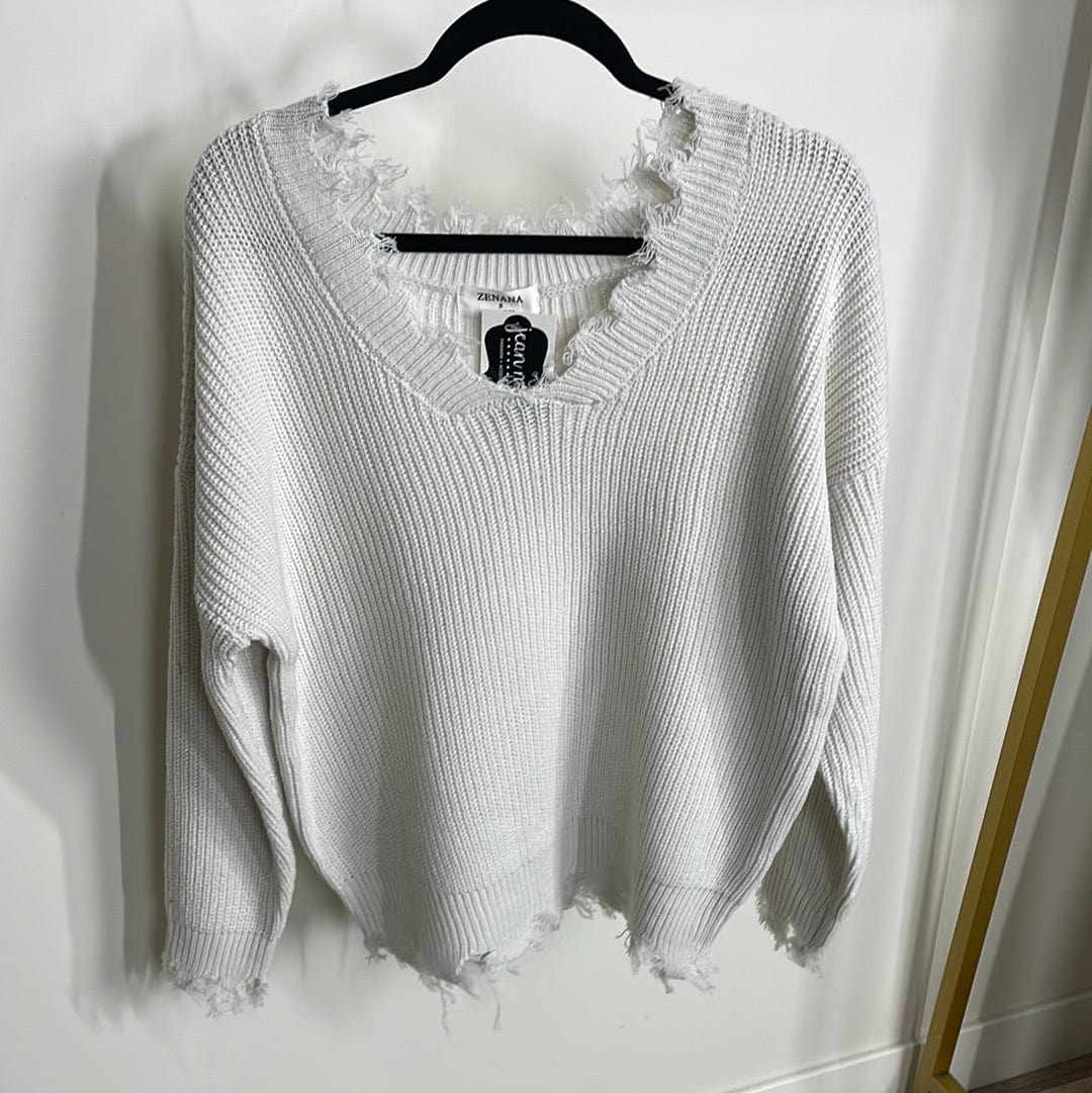 Bone Distressed VNeck Sweater